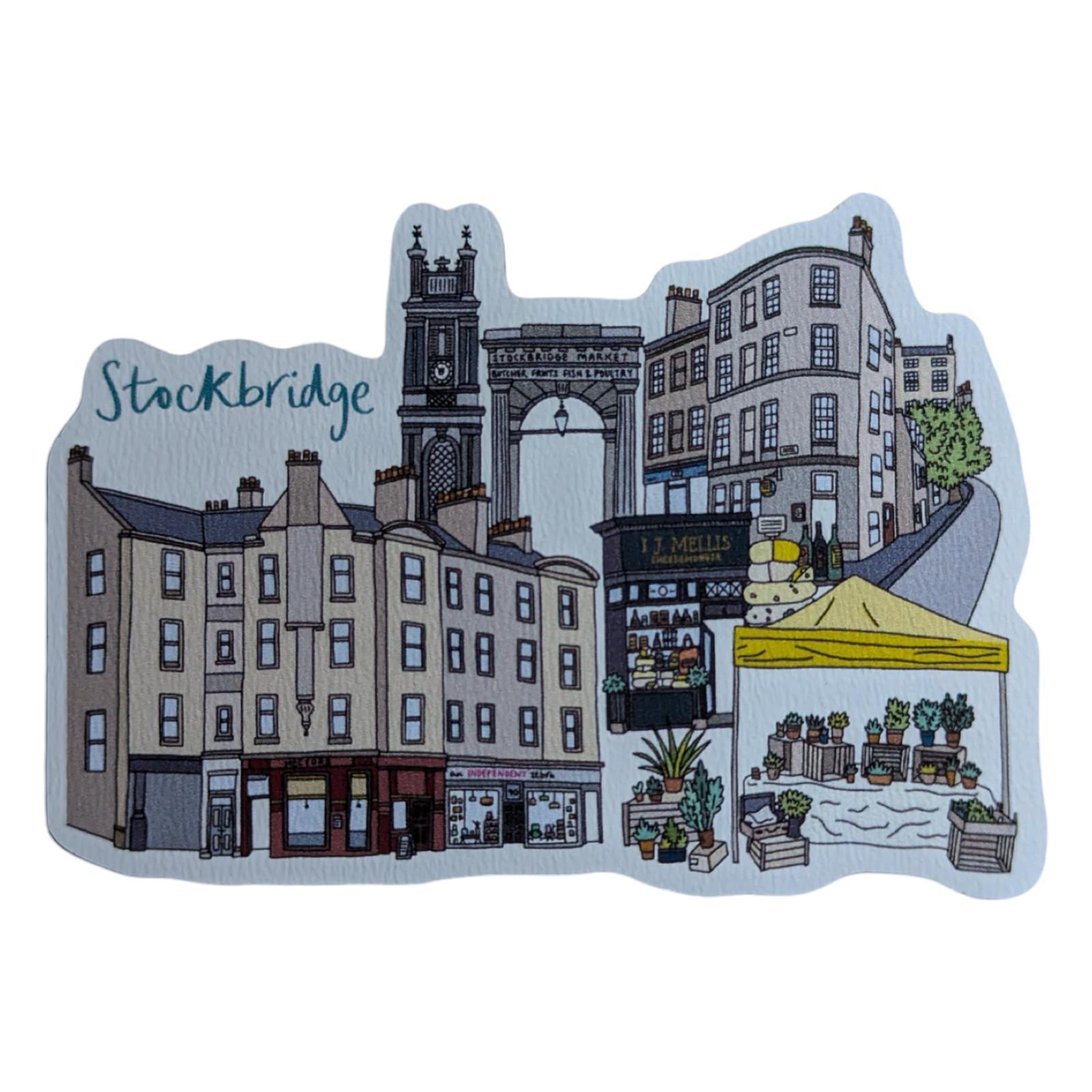 A laser-cut wooden magnet of Stockbridge including local landmarks.