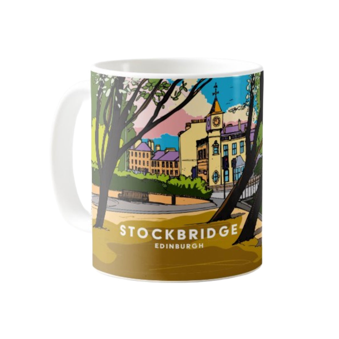 Classic mug featuring a striking panoramic artwork of Stockbridge with clock tower and park, Edinburgh