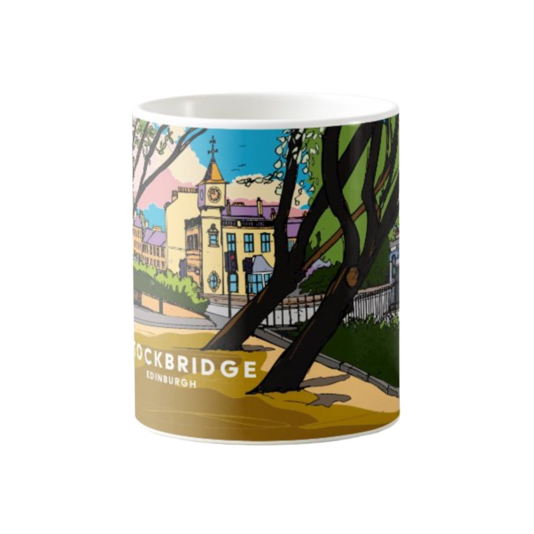 Classic mug featuring a striking panoramic artwork of Stockbridge with clock tower and park, Edinburgh