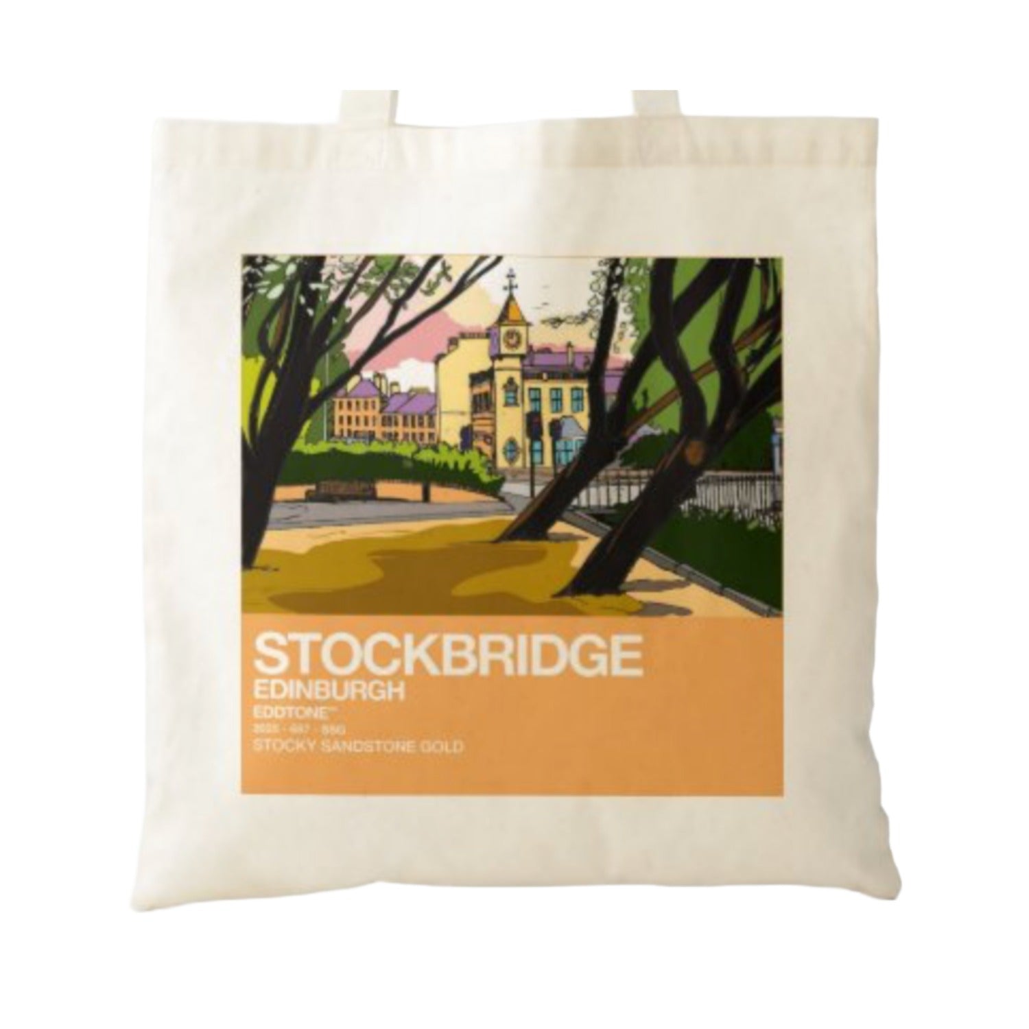 This tote bag features a square design with an illustration of the Jubilee Gardens and the clock tower in Stockbridge, Edinburgh