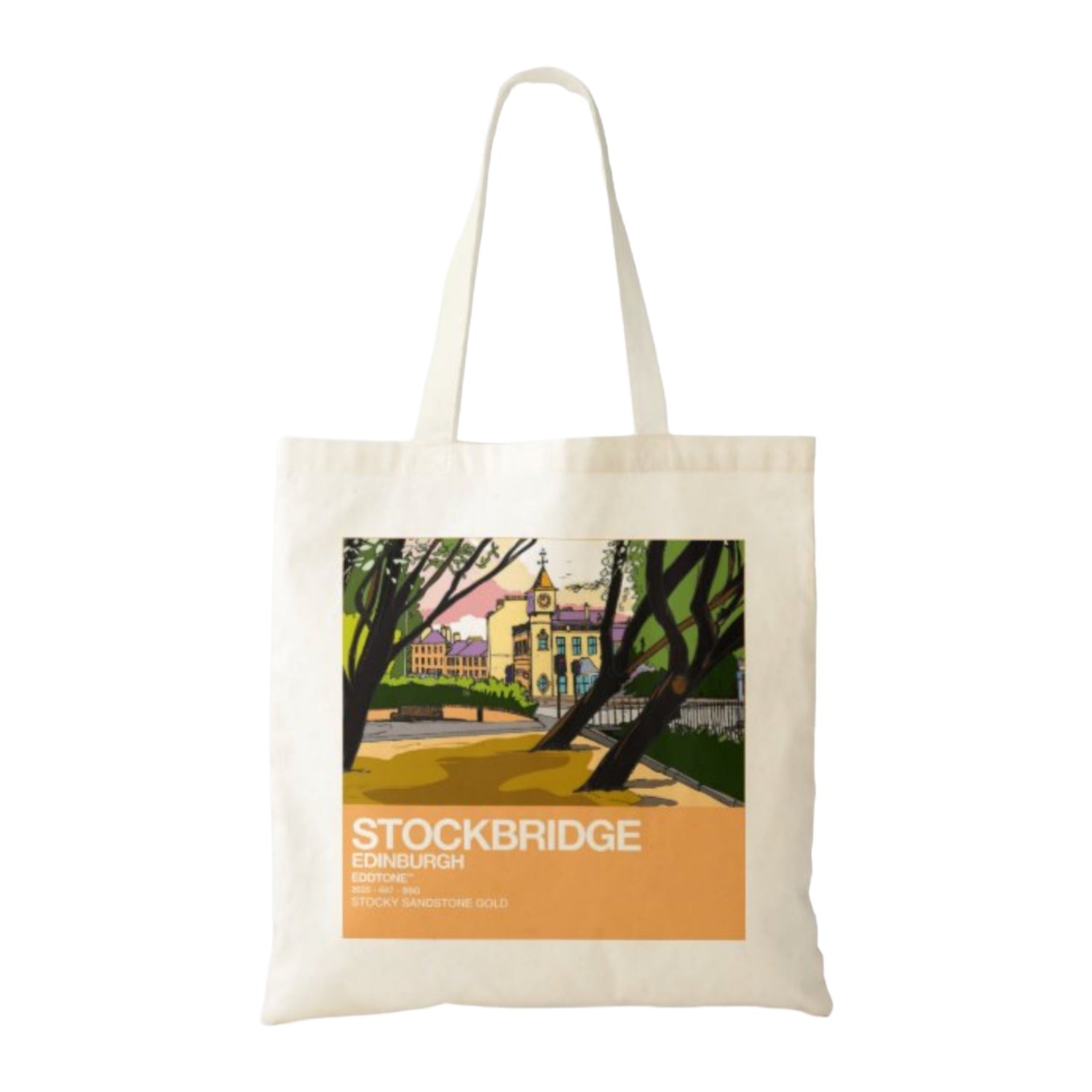 This tote bag features a square design with an illustration of the Jubilee Gardens and the clock tower in Stockbridge, Edinburgh