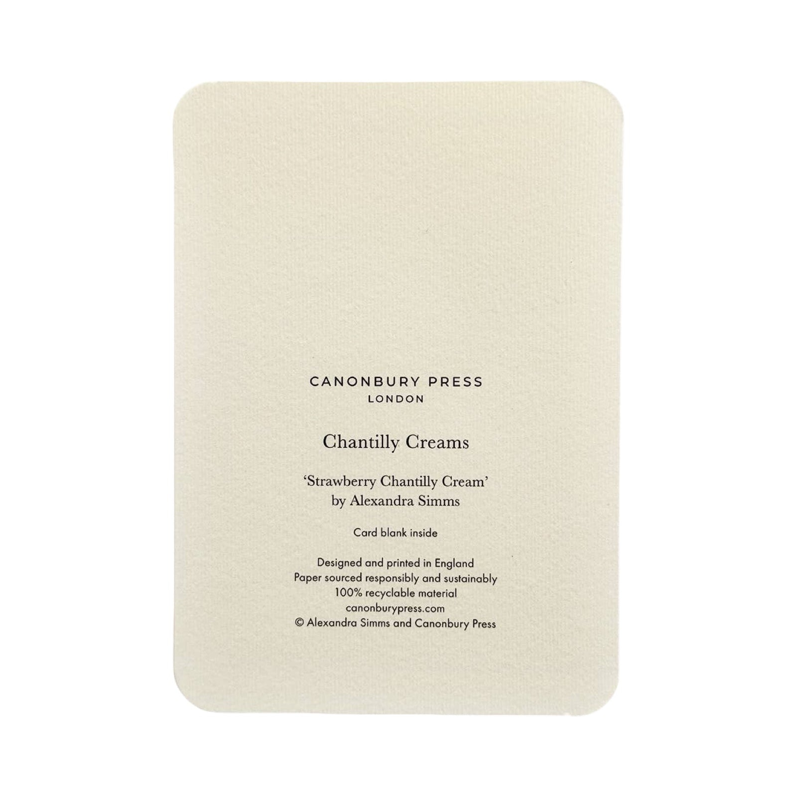 Card with text about Chantilly Creams by Canonbury Press on a white background.