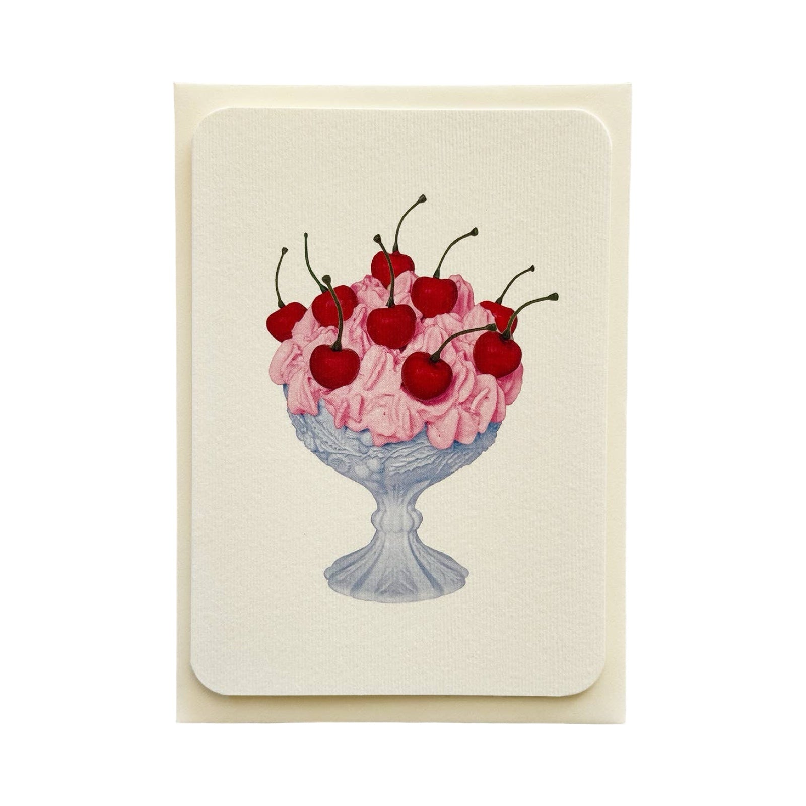 Card with illustration of pink ice cream with cherries in a glass bowl on a white background.