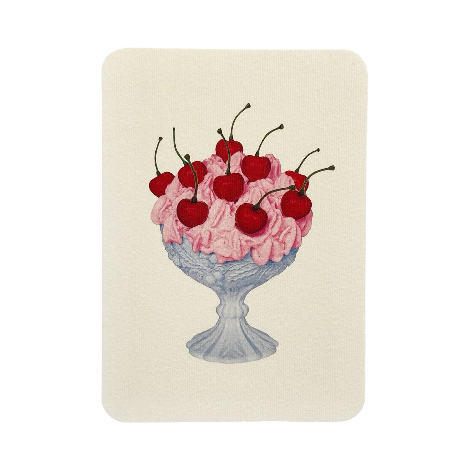 Illustration of pink ice cream with cherries in a glass bowl on a beige background.