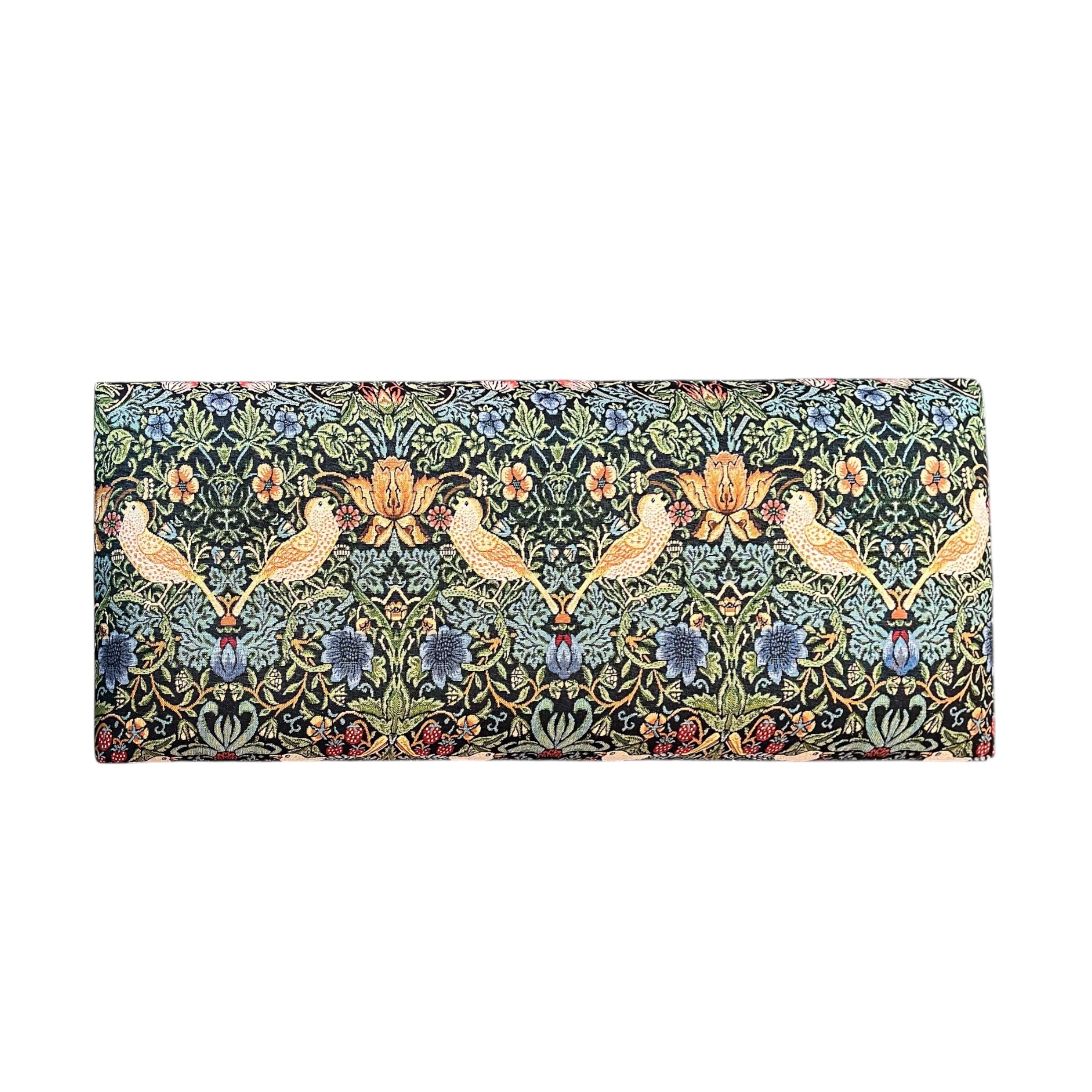 A beautiful hand crafted occasional bench, perfect for any lounge, conservatory or bedroom. &nbsp;Covered in a beautiful Strawberry Thief cotton in darker tones embroidery style fabric with mahogany stained legs.