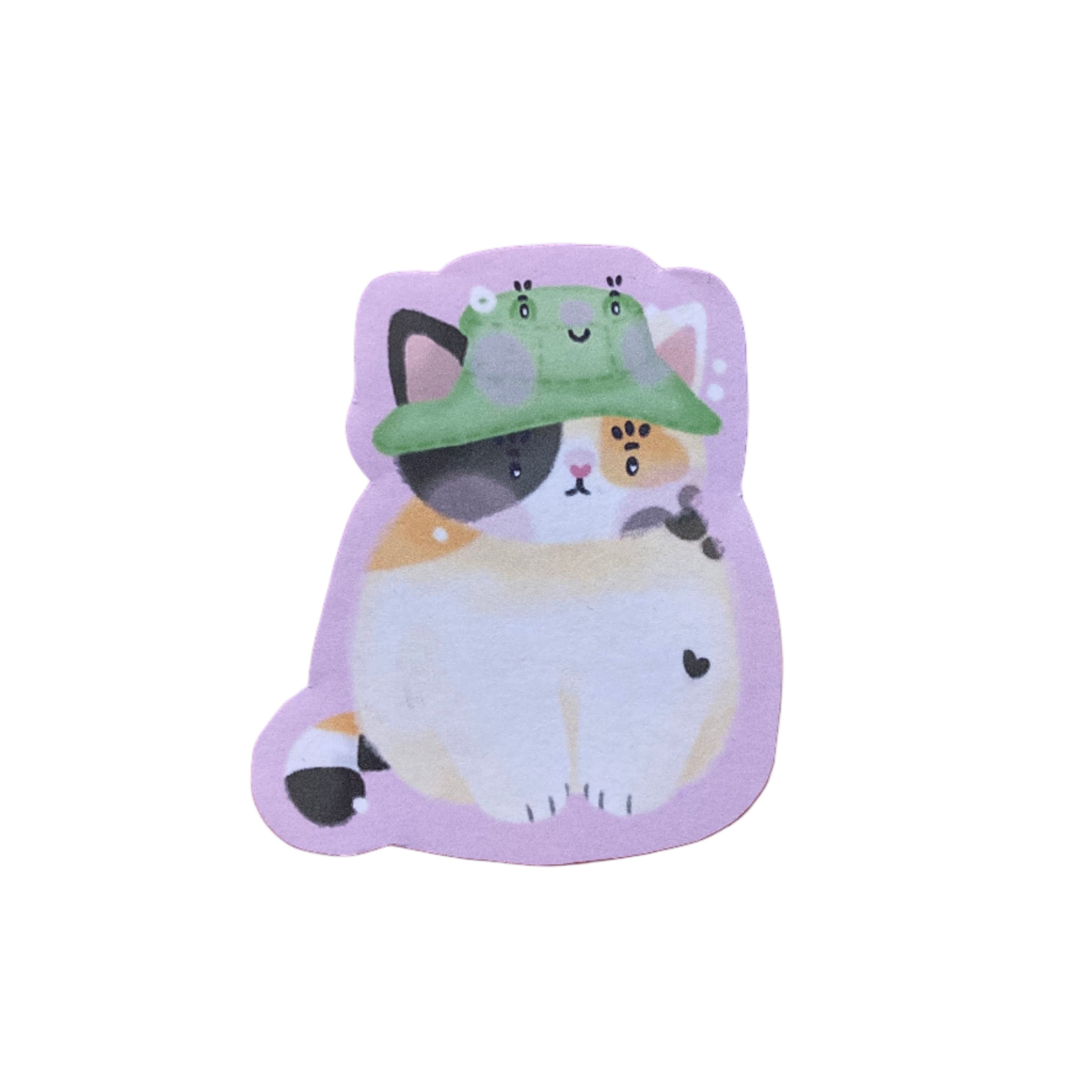 Handmade vinyl sticker of Bucket the calico cat, looking stressed and existential. Made from recyclable vinyl sticker paper. Sticker is scratchproof and weatherproof.