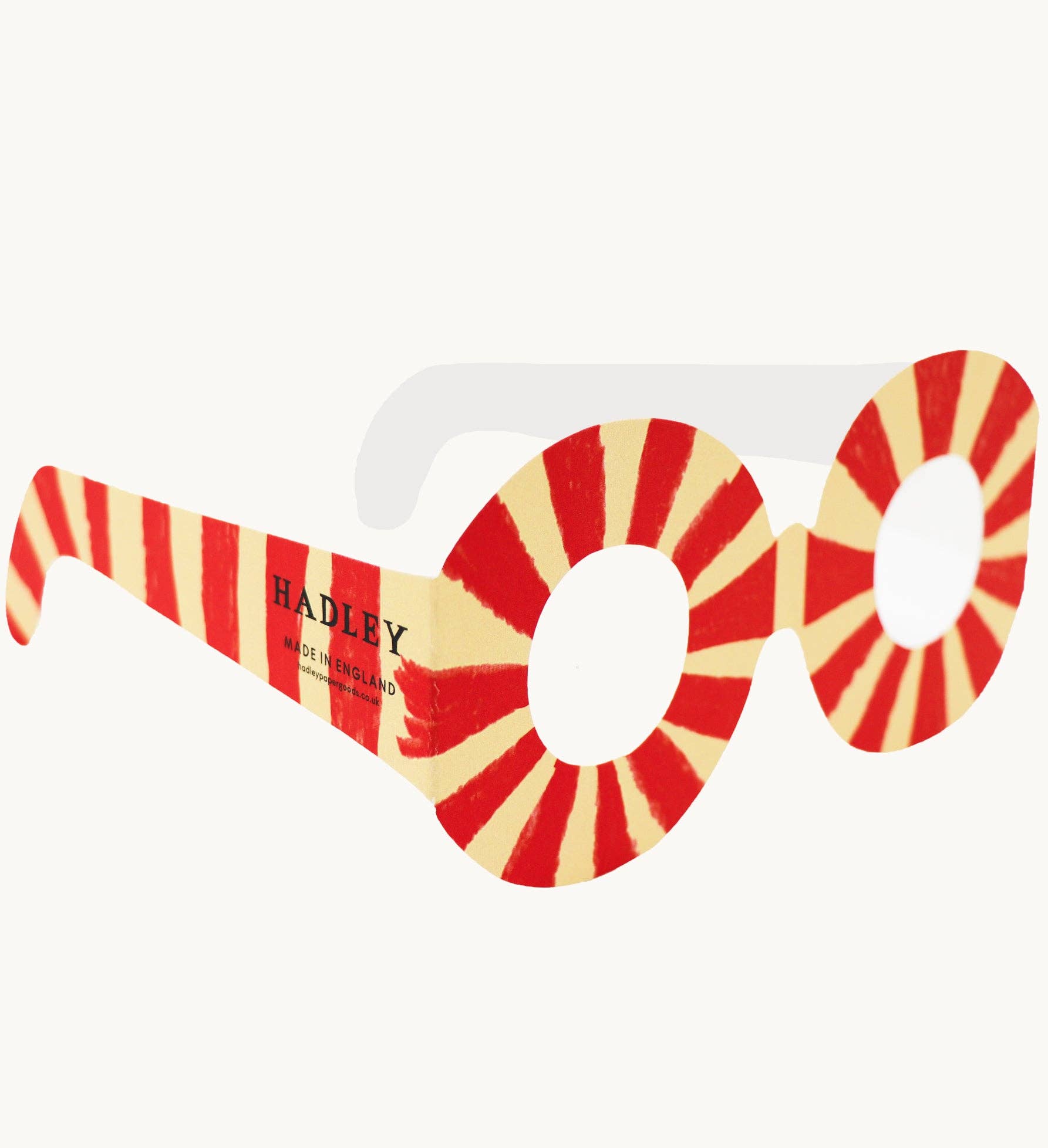 Red and yellow striped sunglasses with 'Hadley' branding on a white background.