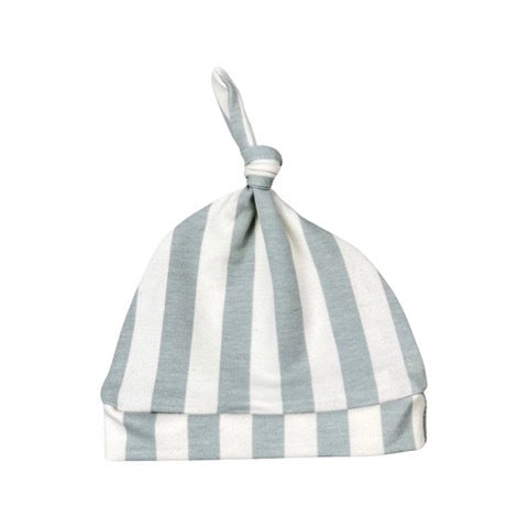 A green and white striped baby hat with a knotted detail on top.