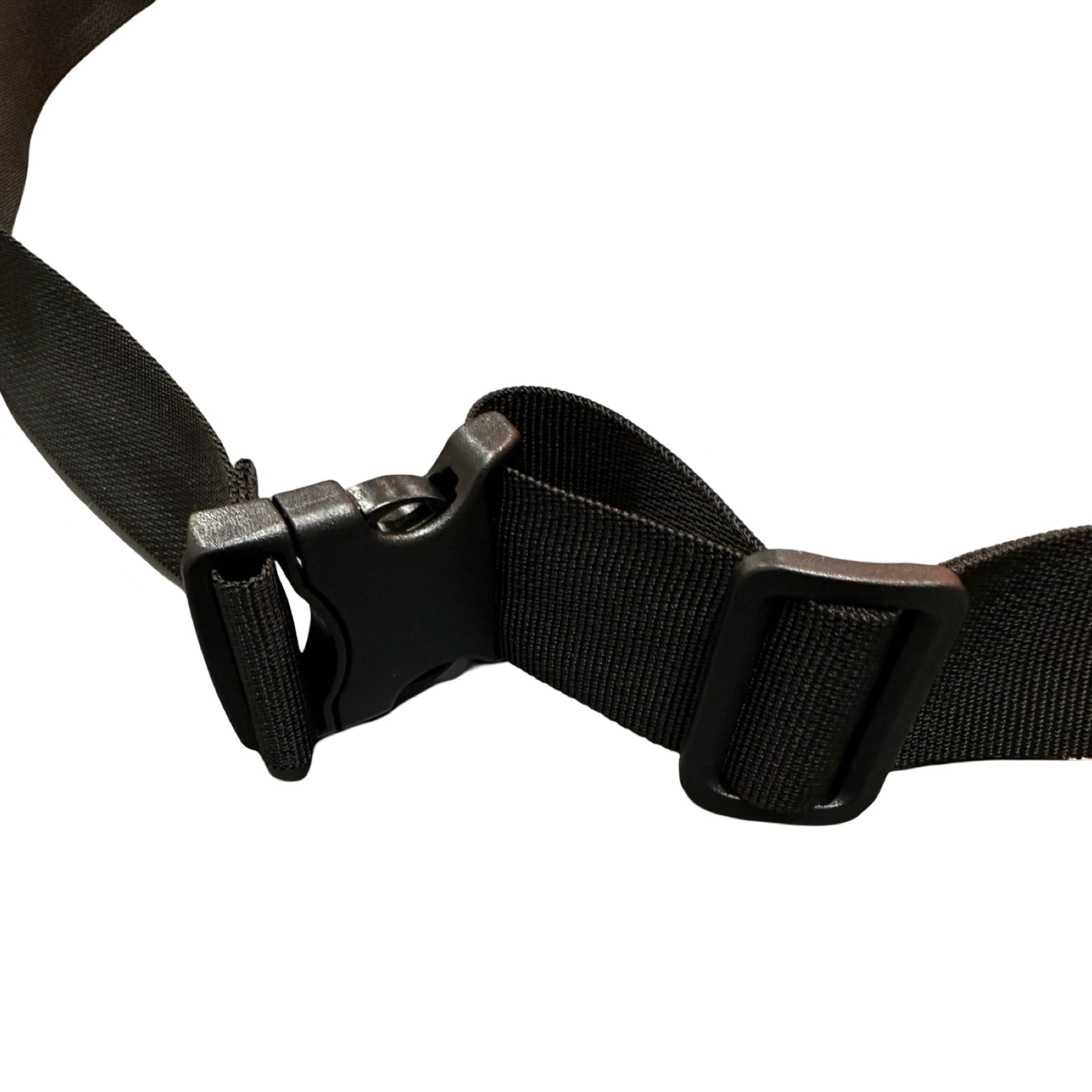 The black adjustable strap for a striped sling bag.