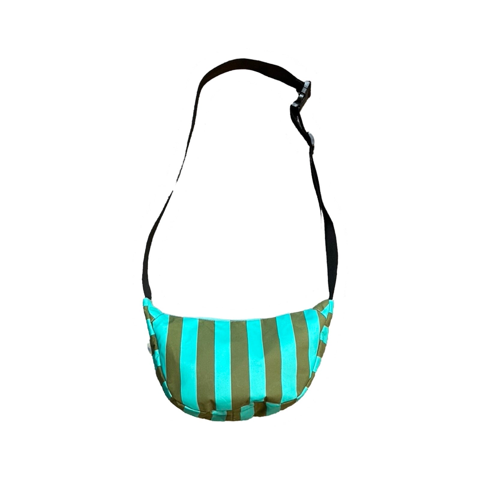 A green and turquoise striped sling bag with a black adjustable strap.