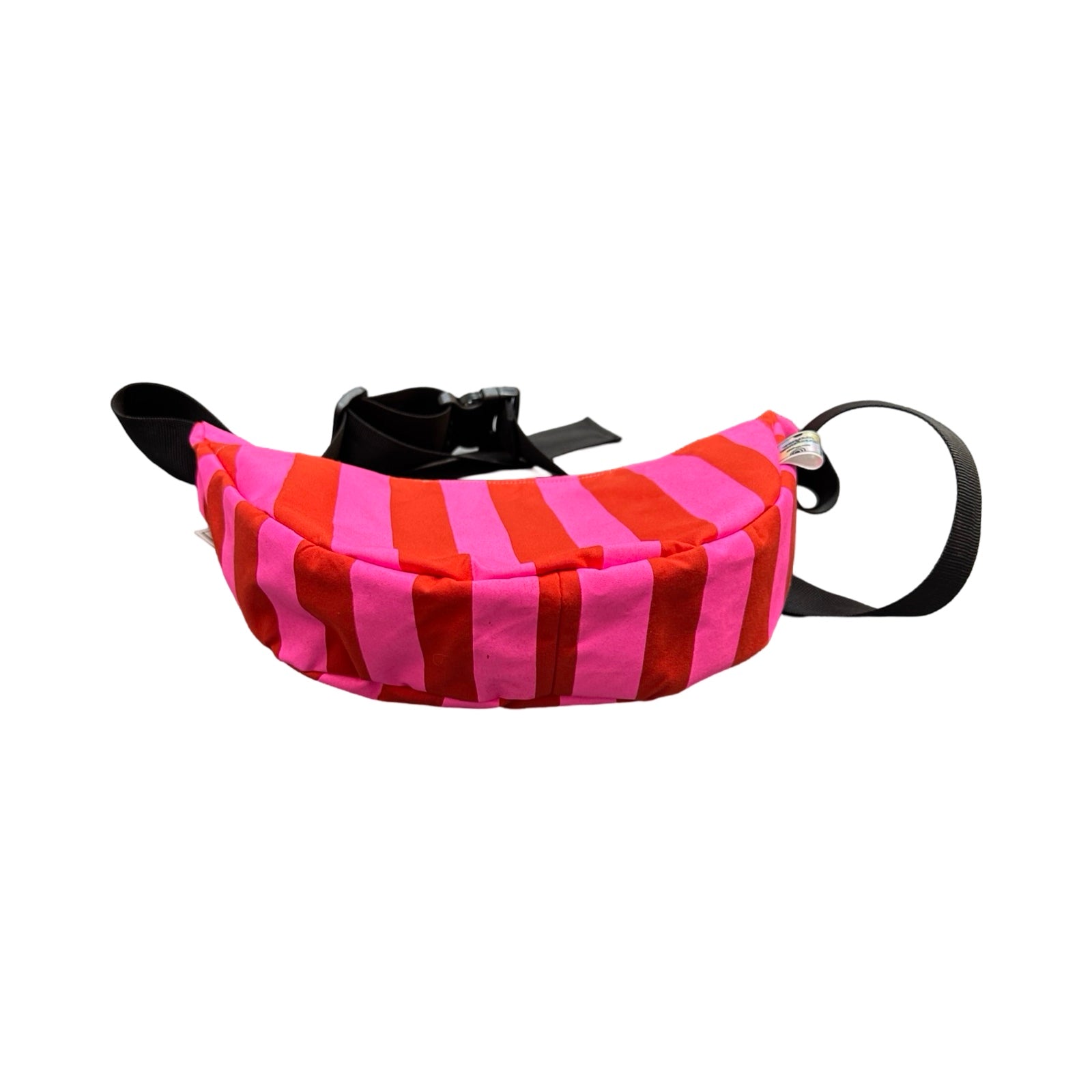 The base of a pink and red striped sling bag.