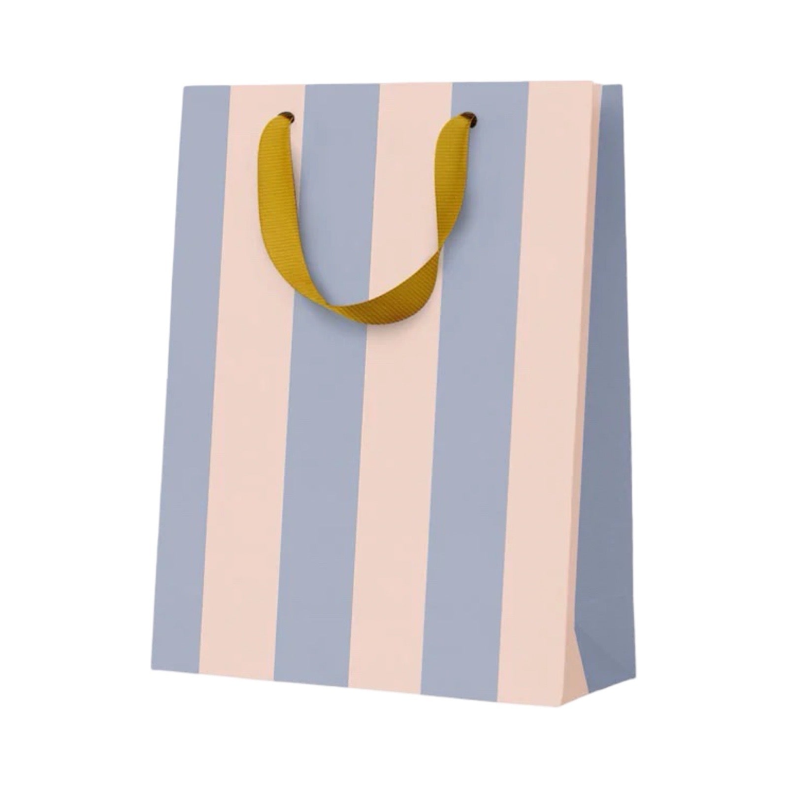 A striped gift bag with alternating vertical pastel blue and light pink stripes, featuring mustard yellow ribbon handles, shown on a plain white background.