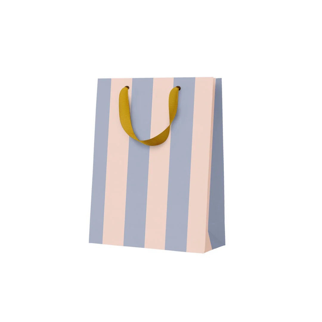 Striped gift bag with a yellow handle on a white background.