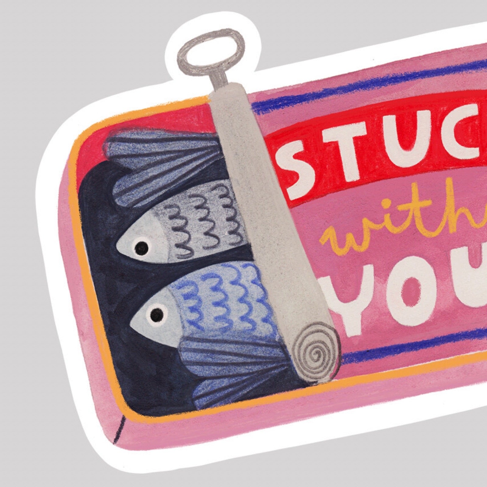 Sticker featuring two fish in a tin with text on a pink background.