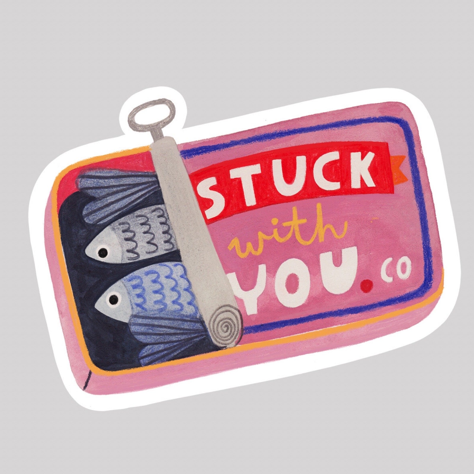 Sticker with two fish in a sardine tin and 'Stuck with You Co' text on a grey background.
