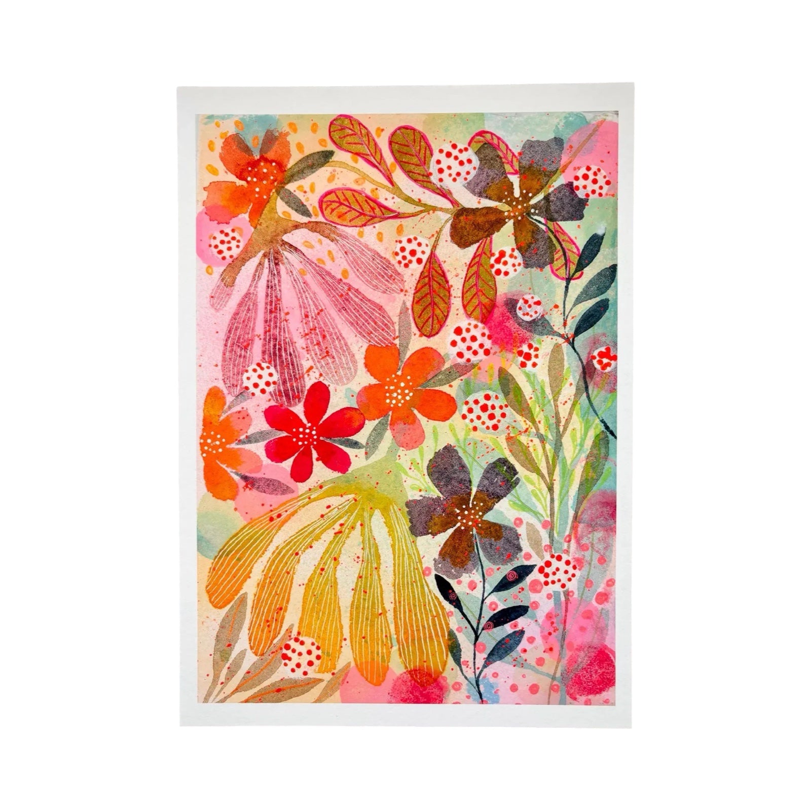 A vertical art print featuring a vibrant, textured floral illustration with orange, red, yellow, pink, and brown flowers on a light background, framed by a white border.