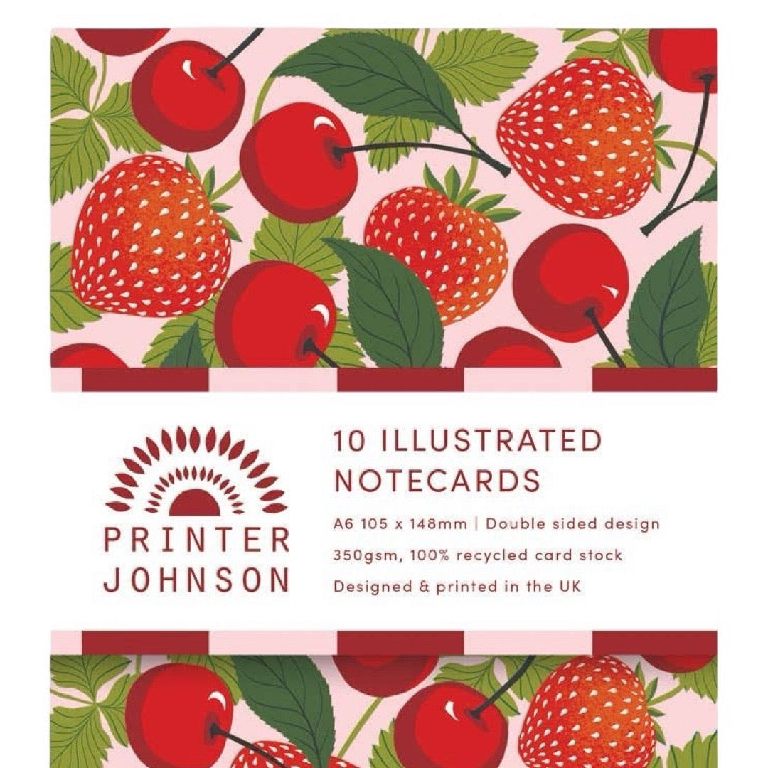 Pack of illustrated notecards with fruit design and Printer Johnson branding.