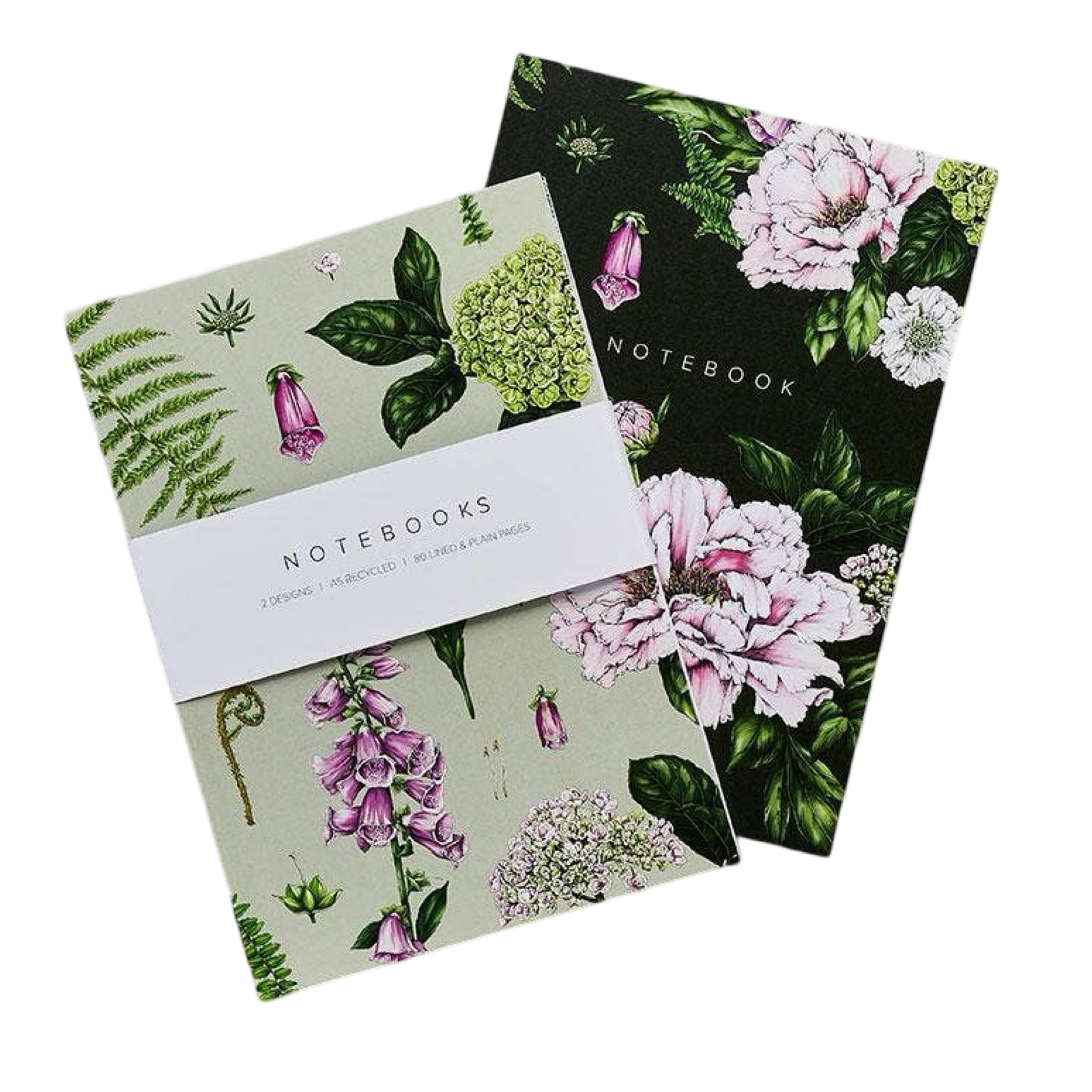 2 A5 notebooks with pink and green flowers, one notebook has a deep green cover and one a pale green cover