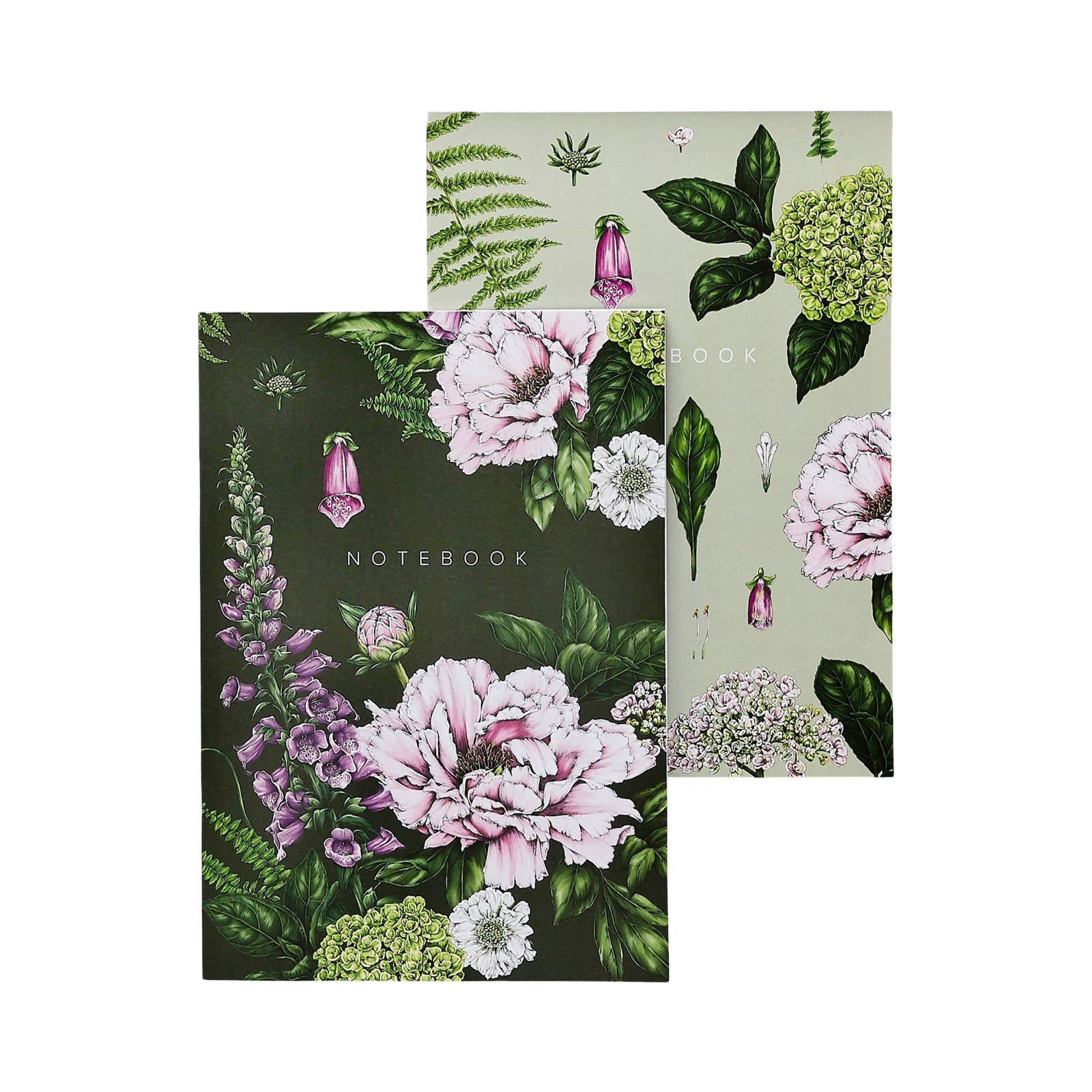 2 A5 notebooks with pink and green flowers, one notebook has a deep green cover and one a pale green cover