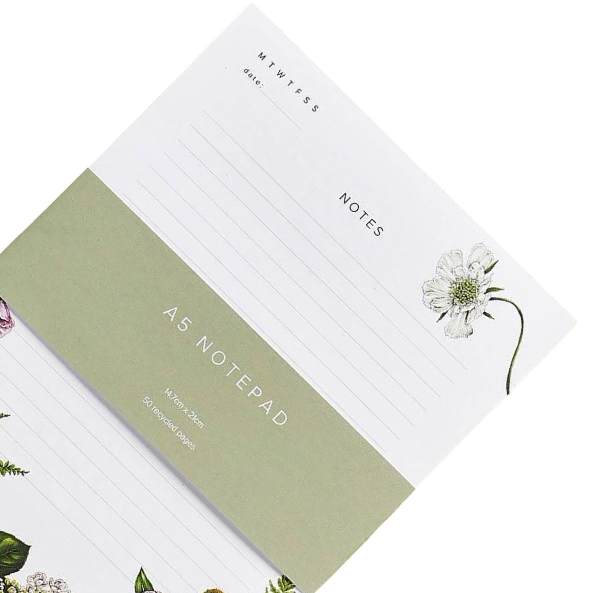 Green A5 notepad with floral design on a white background.