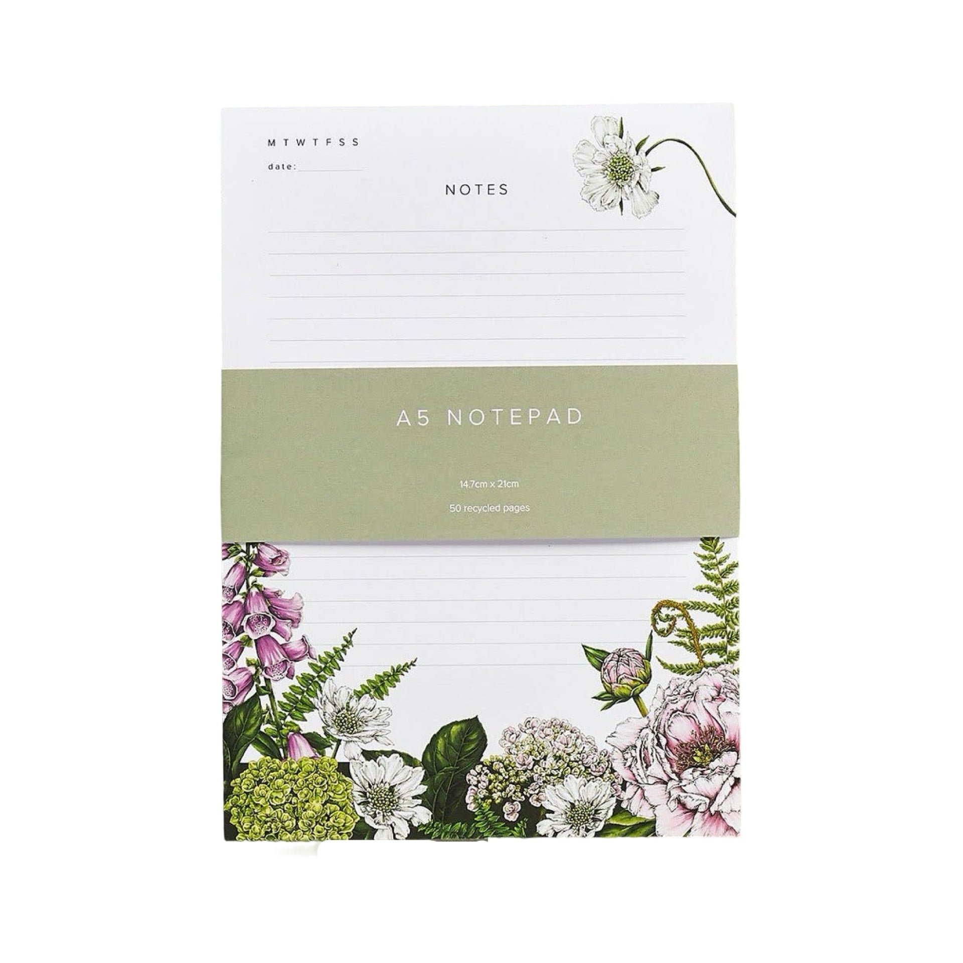 A5 sized notepad with 50 lined tear-off pages featuring a summer garden border