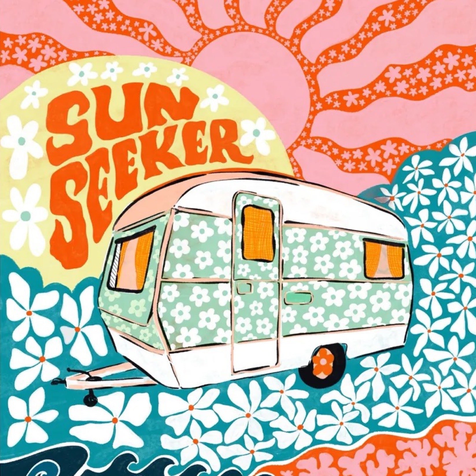 Illustration of a floral-patterned camper with 'Sun Seeker' text against a colourful abstract background.