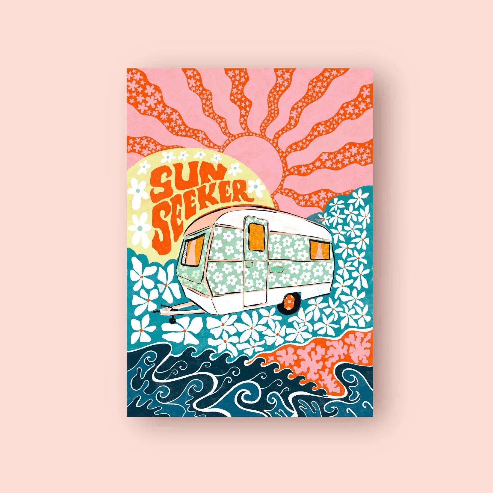 Art print of a camper van with 'Sun Seeker' text against a floral and wave background.