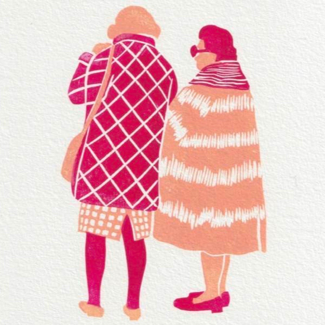 Illustration of two people walking together, one in a pink and white patterned coat, the other in a striped coat, on a white background.