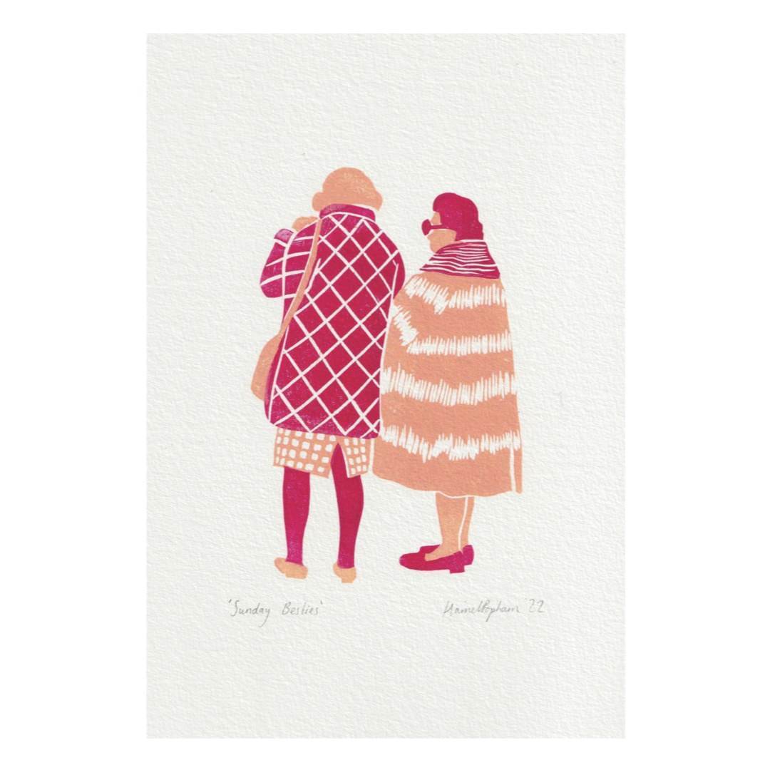 A4 print featuring two cartoon characters, one in pink and the other in blue, walking and talking on the phone.