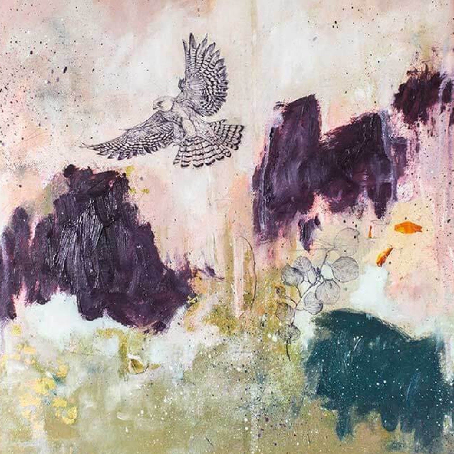 Abstract artwork with a bird flying over a landscape of purple and green.