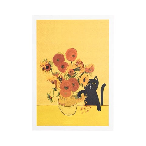 Cat print featuring an illustration of 'sunflowers' by Vincent Van Gogh with a black cat.