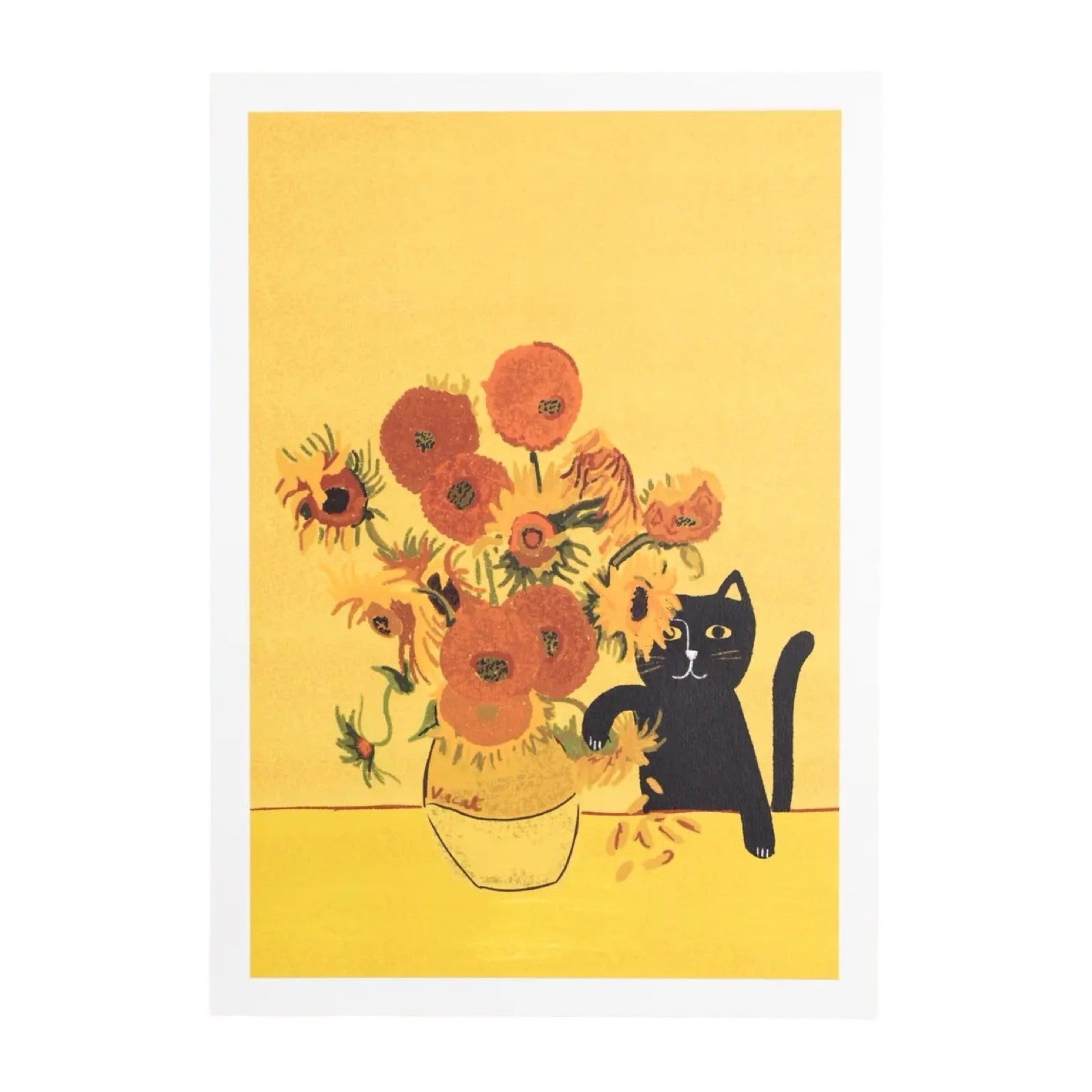 Cat print featuring an illustration of 'sunflowers' by Vincent Van Gogh with a black cat.