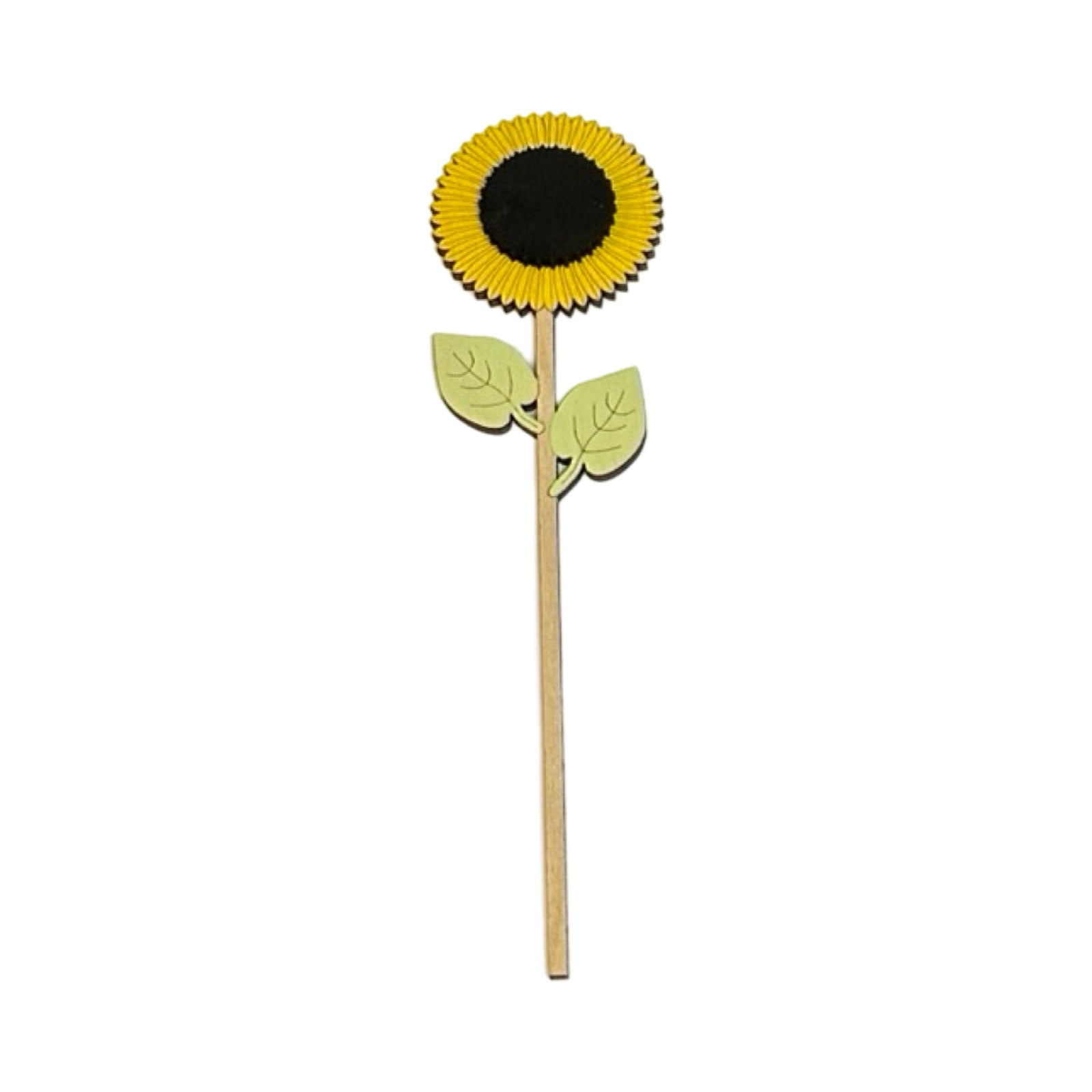 Single sunflower shaped wooden stem hand painted on birch plywood