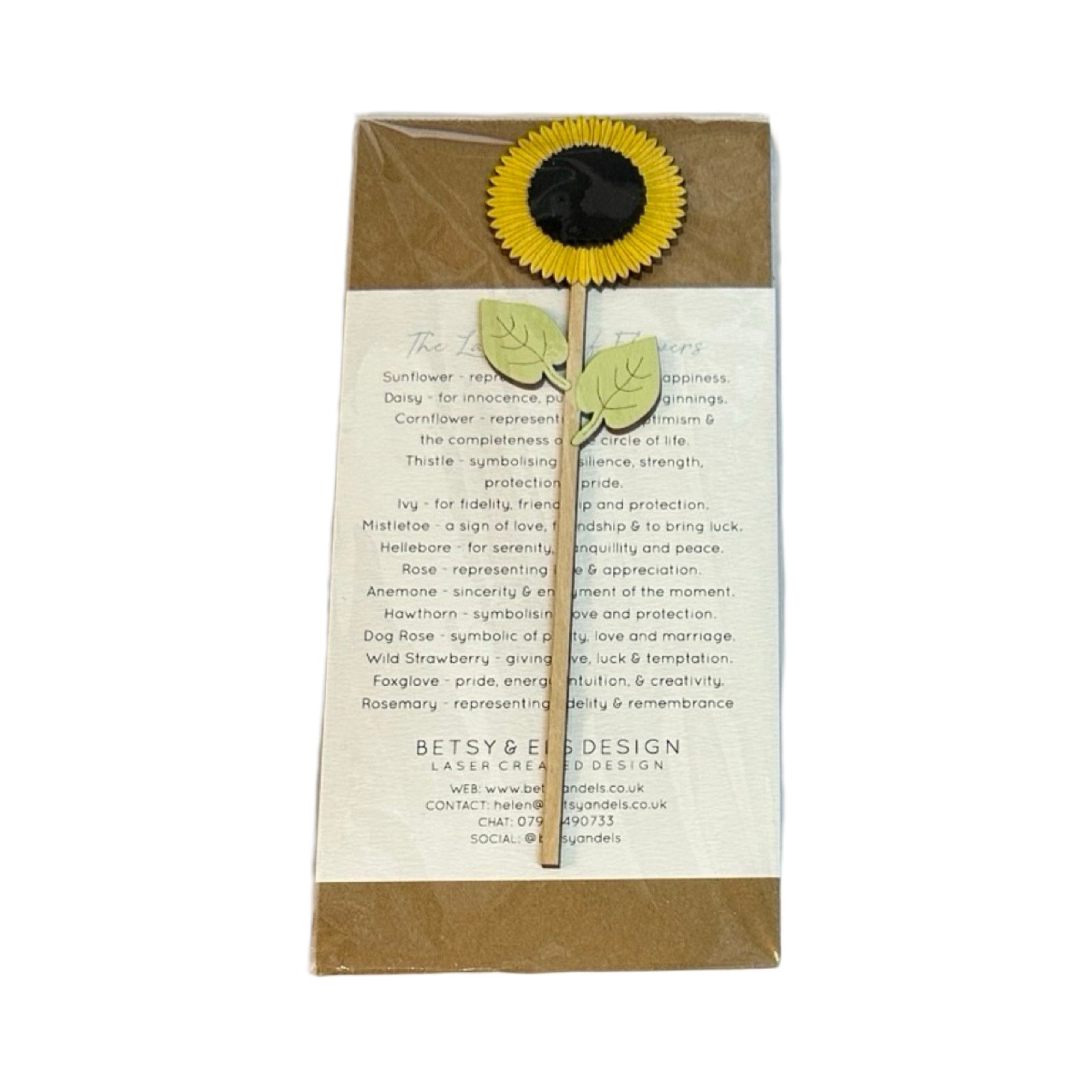 Single sunflower shaped wooden stem hand painted on birch plywood  in a cellophane packet.