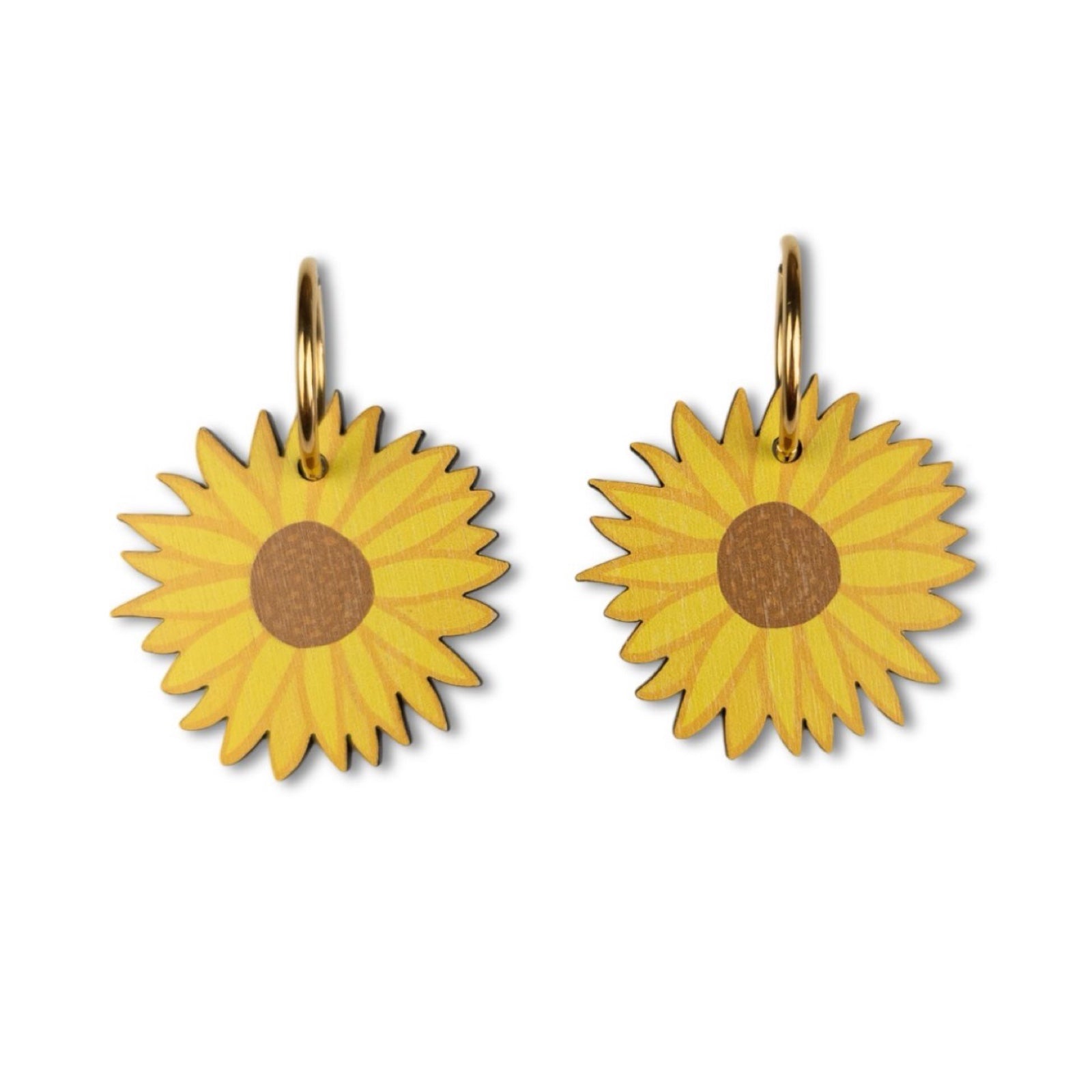 These wooden sunflower-shaped earrings feature yellow and orange petals with a brown centre. 