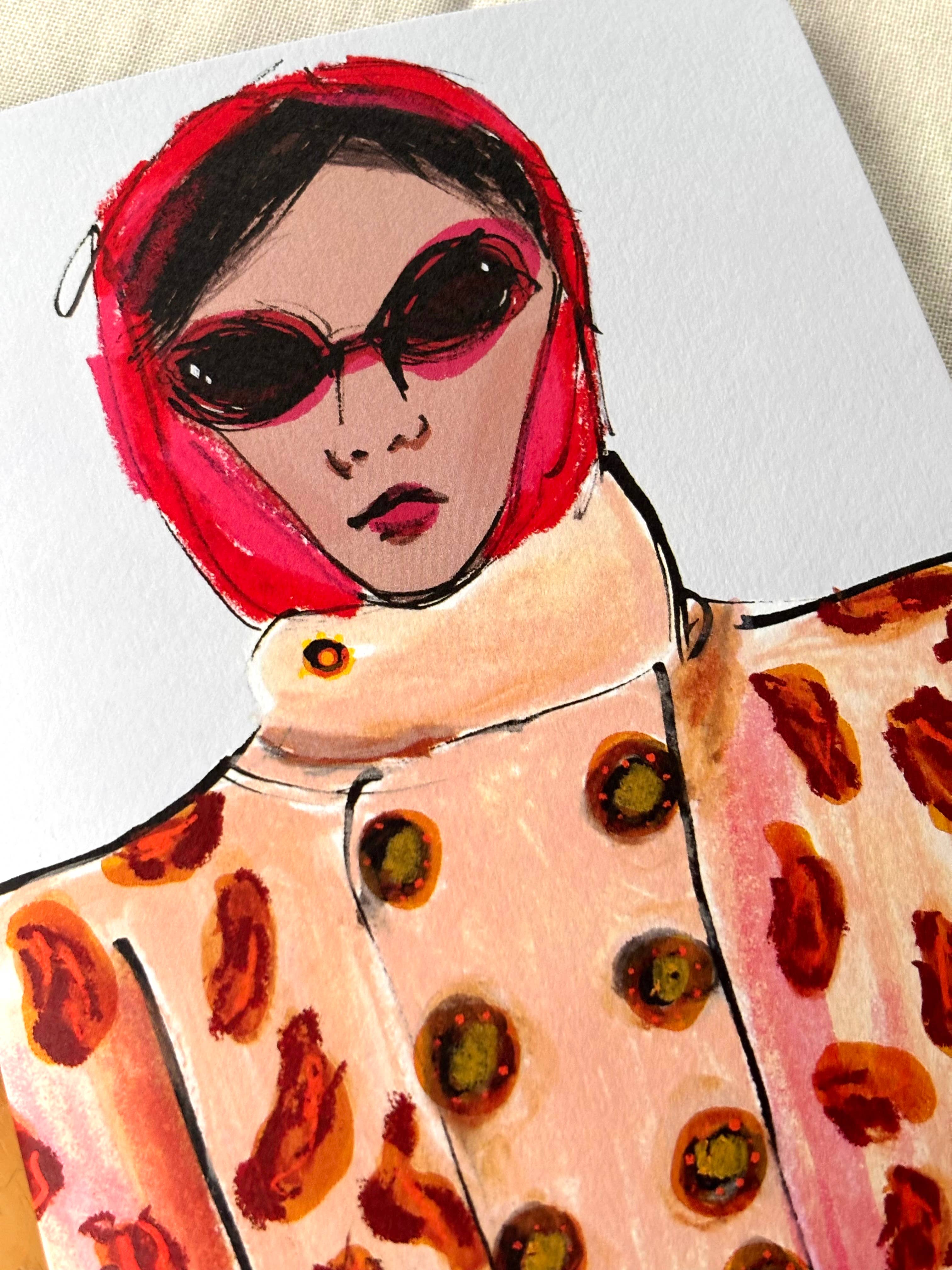 Artistic illustration of a person wearing sunglasses and a patterned coat on a white background