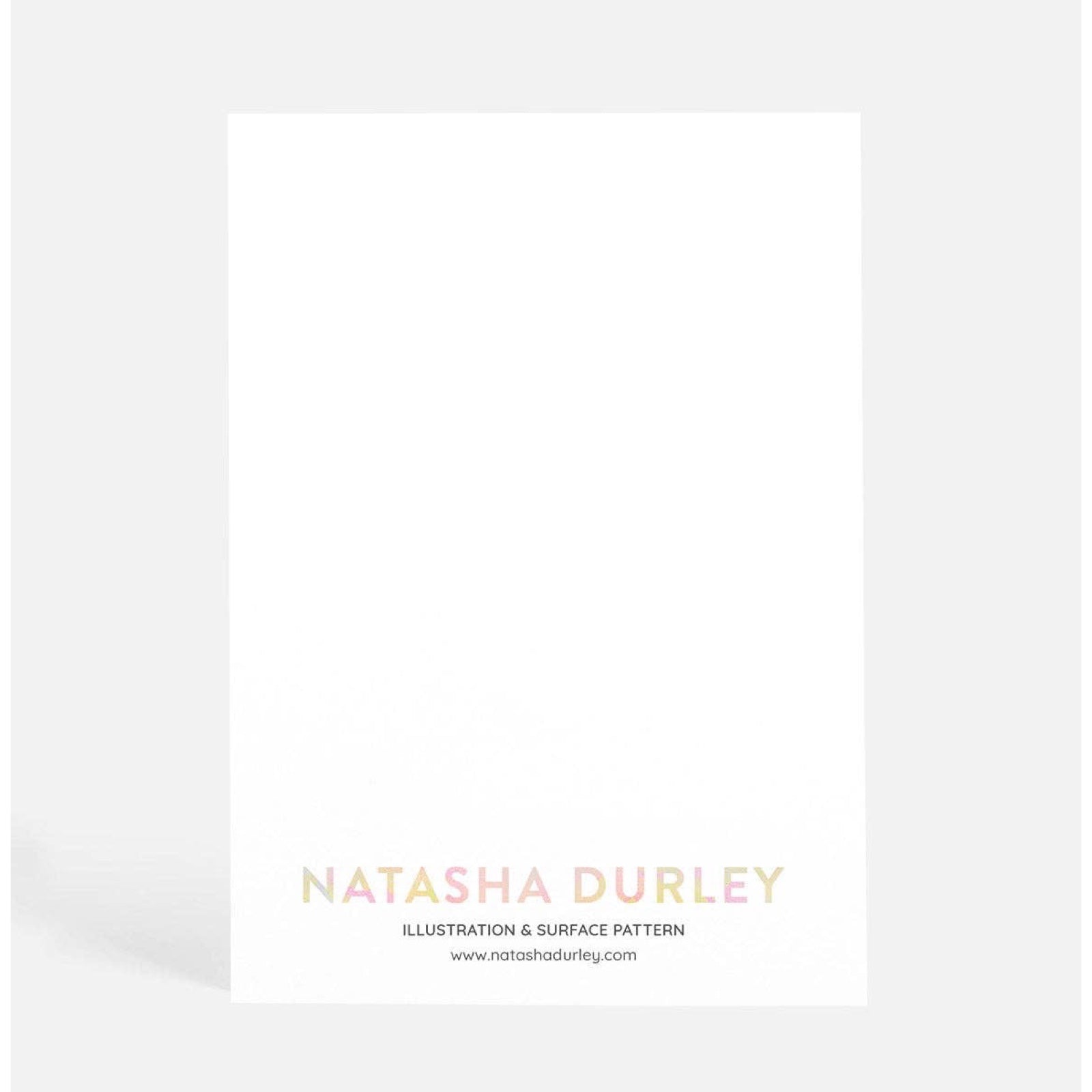 White card with 'Natasha Durley' text and website URL on a white background.