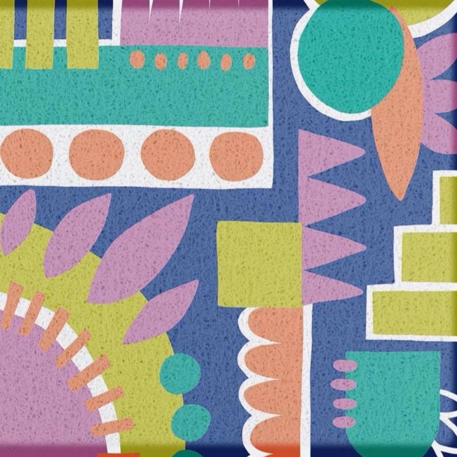 A close-up of a colourful abstract patterned surface with geometric shapes and organic forms in teal, pink, yellow, orange, purple, and blue on a speckled textured background.