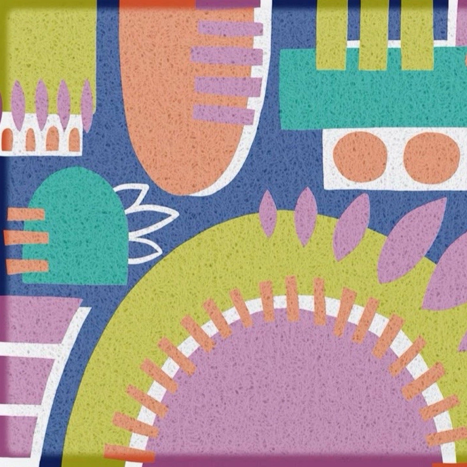 A colourful abstract patterned surface with geometric shapes and textured speckling in purple, green, orange, yellow, white, and blue.
