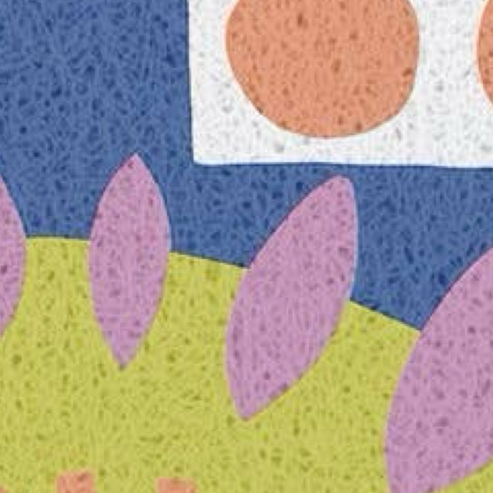 A close-up of a colourful abstract patterned surface with textured shapes in blue, white, peach, yellow-green, and lavender.