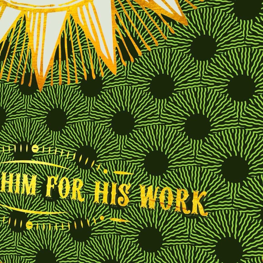 Print inspired by The Proclaimer's song Sunshine on Leith featuring an illustration of a yellow star with the text 'While The Chief Puts Sunshine On Leith' in the centre against a green background with dark green spots and the text 'I'll Thanks Him For His Work' underneath. 