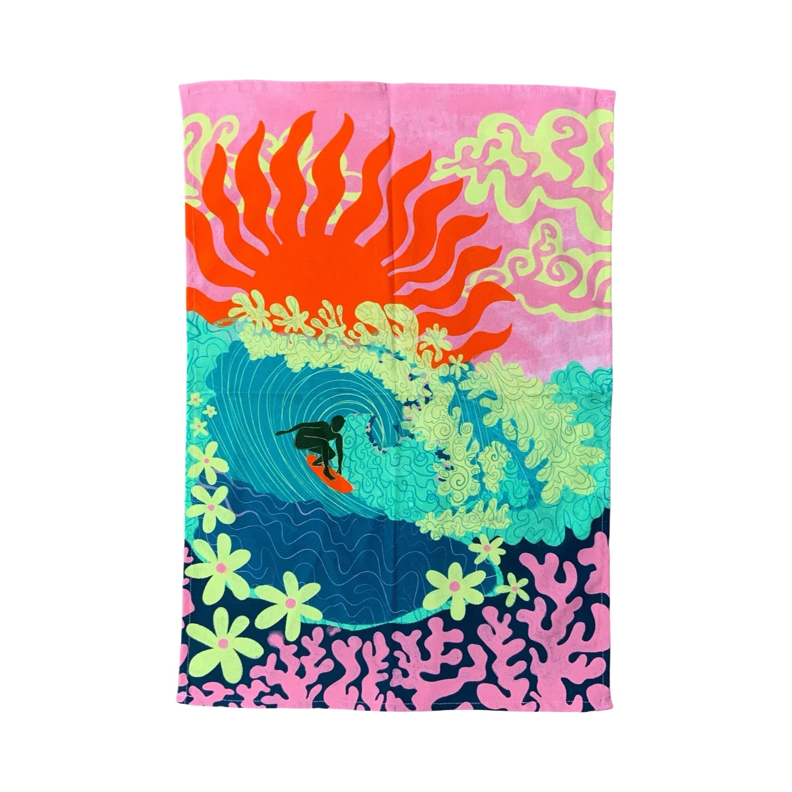 Colourful towel with a surfer design on a white background.