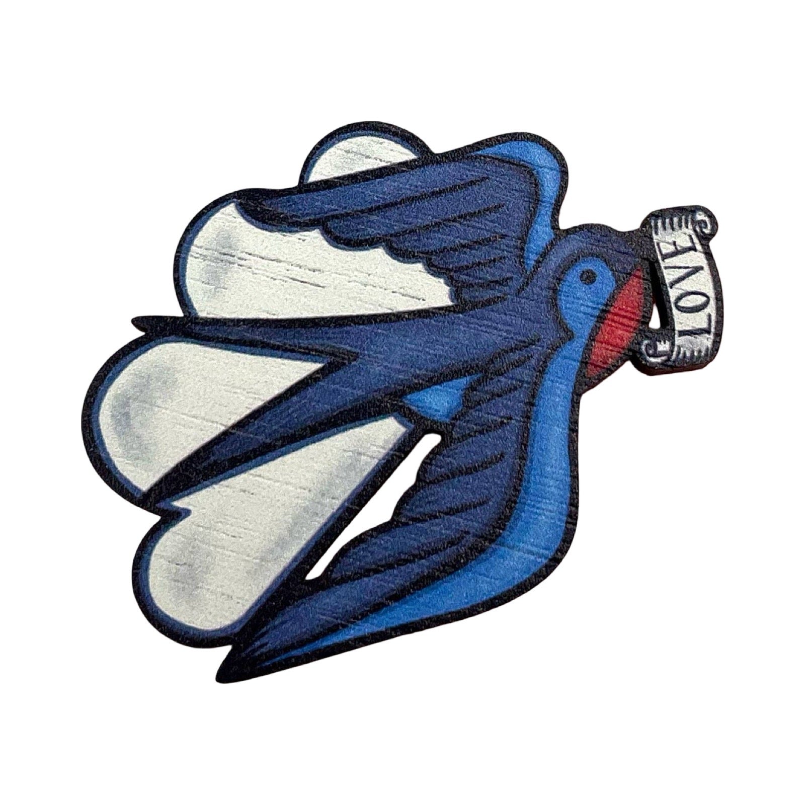 An flying swallow brooch holding a banner that reads 'LOVE' in raised letters, shown on a plain white background.