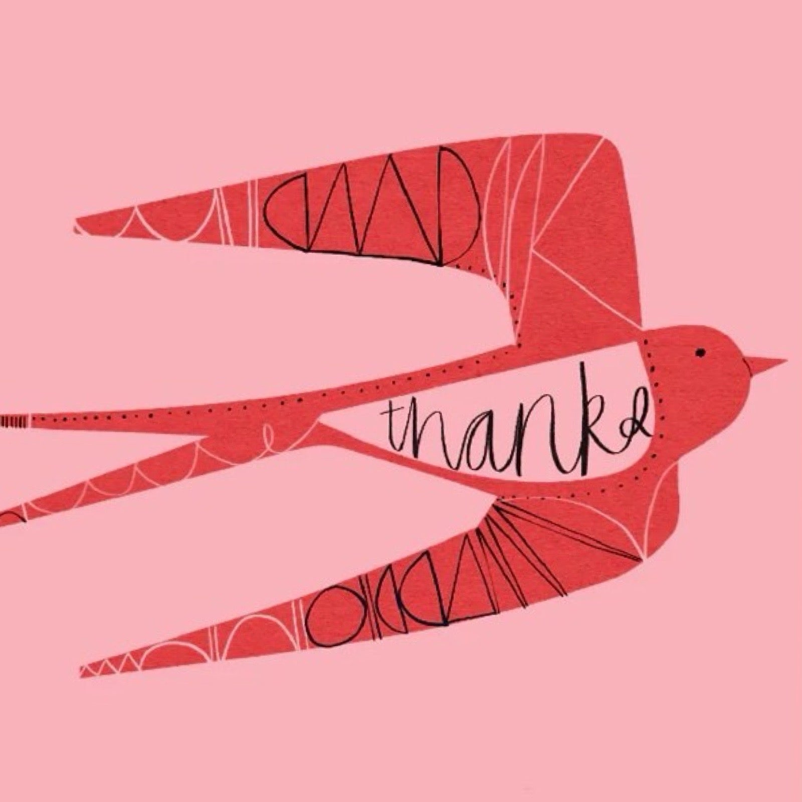 Thank you card featuring a flying red swallow (with thanks written in its body) on a pink background.