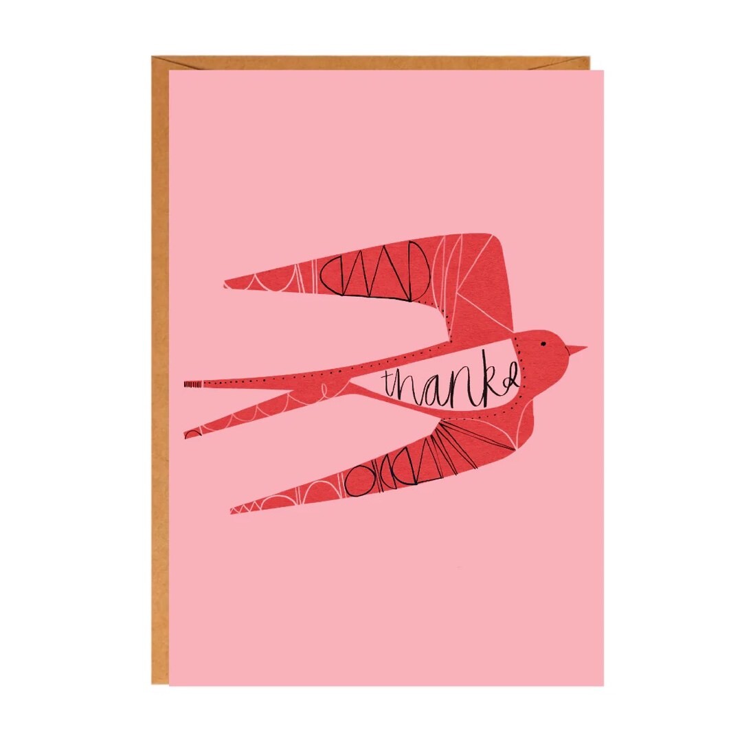 Thank you card featuring a flying red swallow (with thanks written in its body) on a pink background.