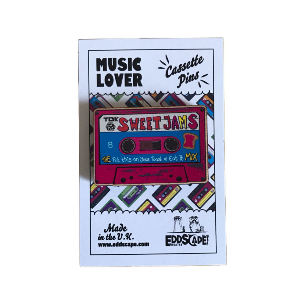 Music Lover Pin badge featuring an illustration of a classic cassette mixtape titled - Sweet Jams