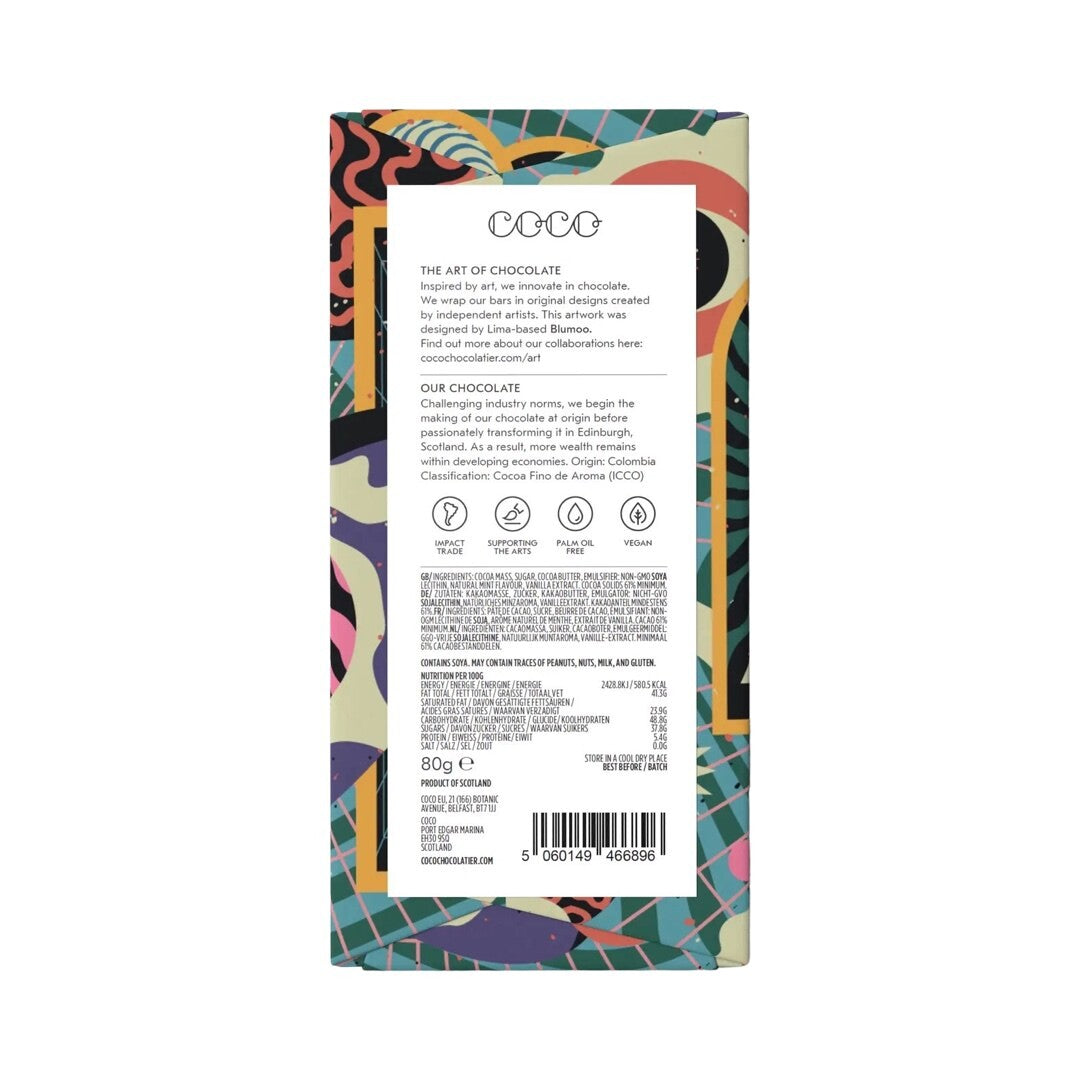 Back of a bar of sweet mint dark chocolate.