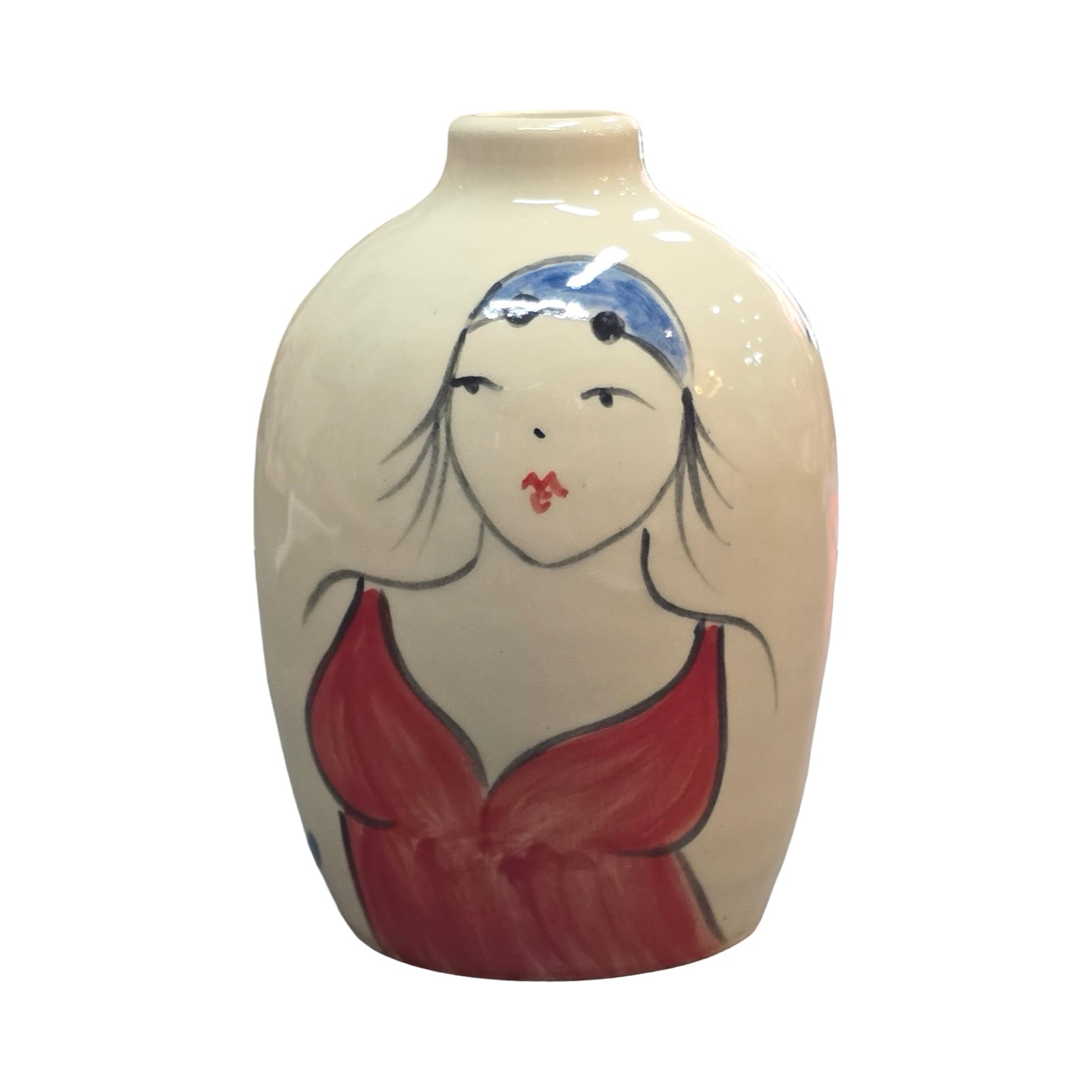Ceramic bud vases have a hand-painted female wild swimmer on the front wearing a red swimsuit and black swim cap.