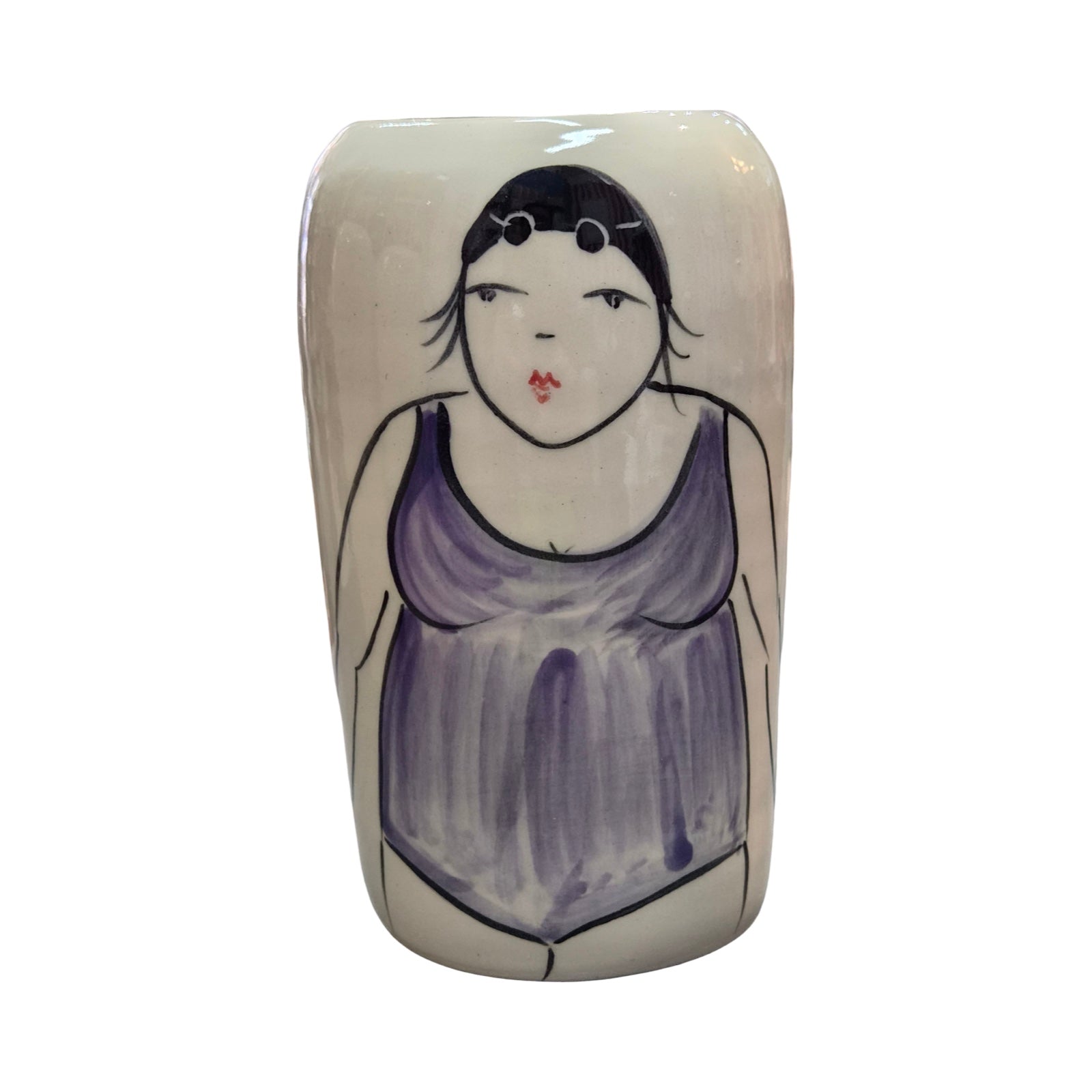 Ceramic vase with a stylised illustration of a woman in a blue swimming costume on a white background.