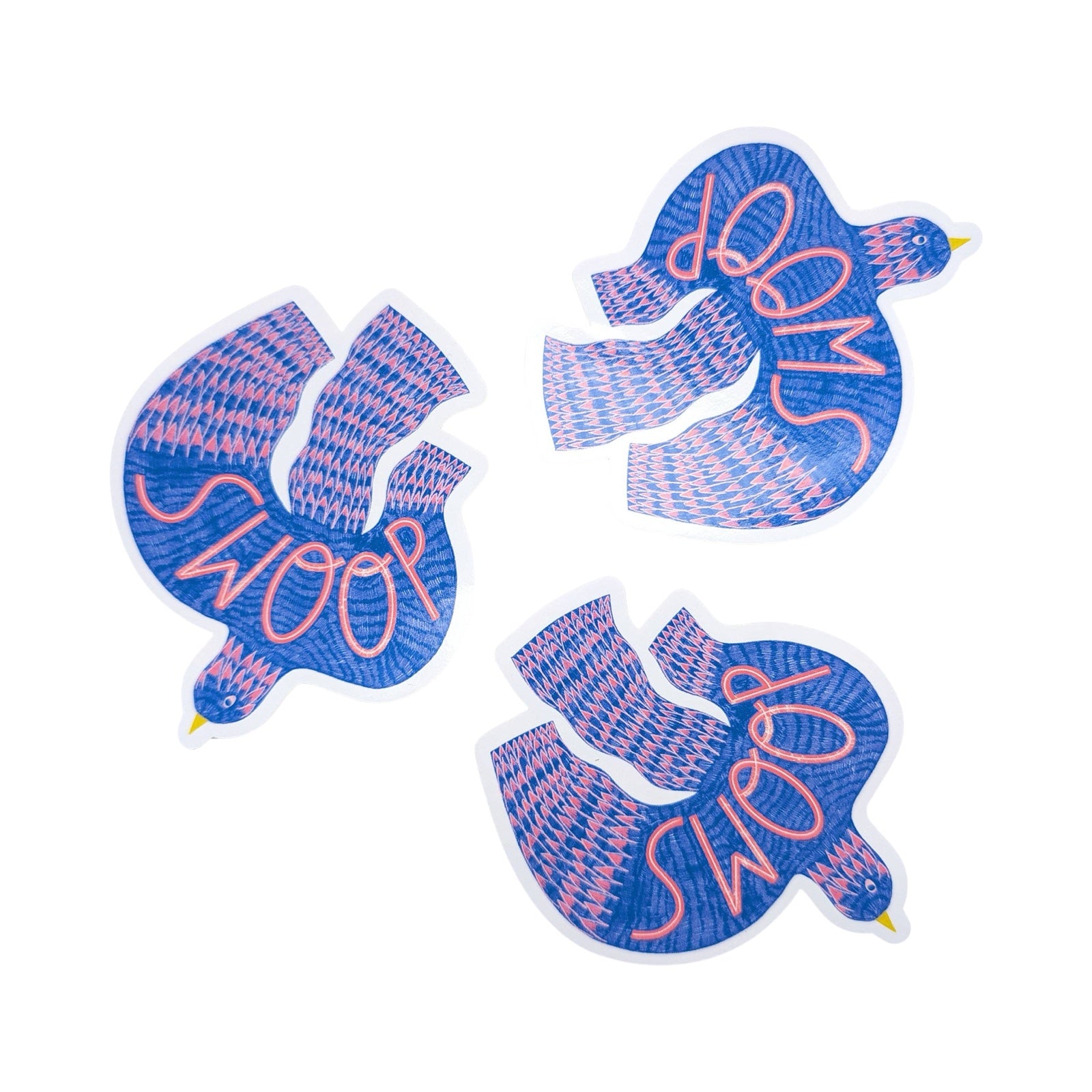 Three blue and pink 'Swoop' bird-shaped stickers on a white background.